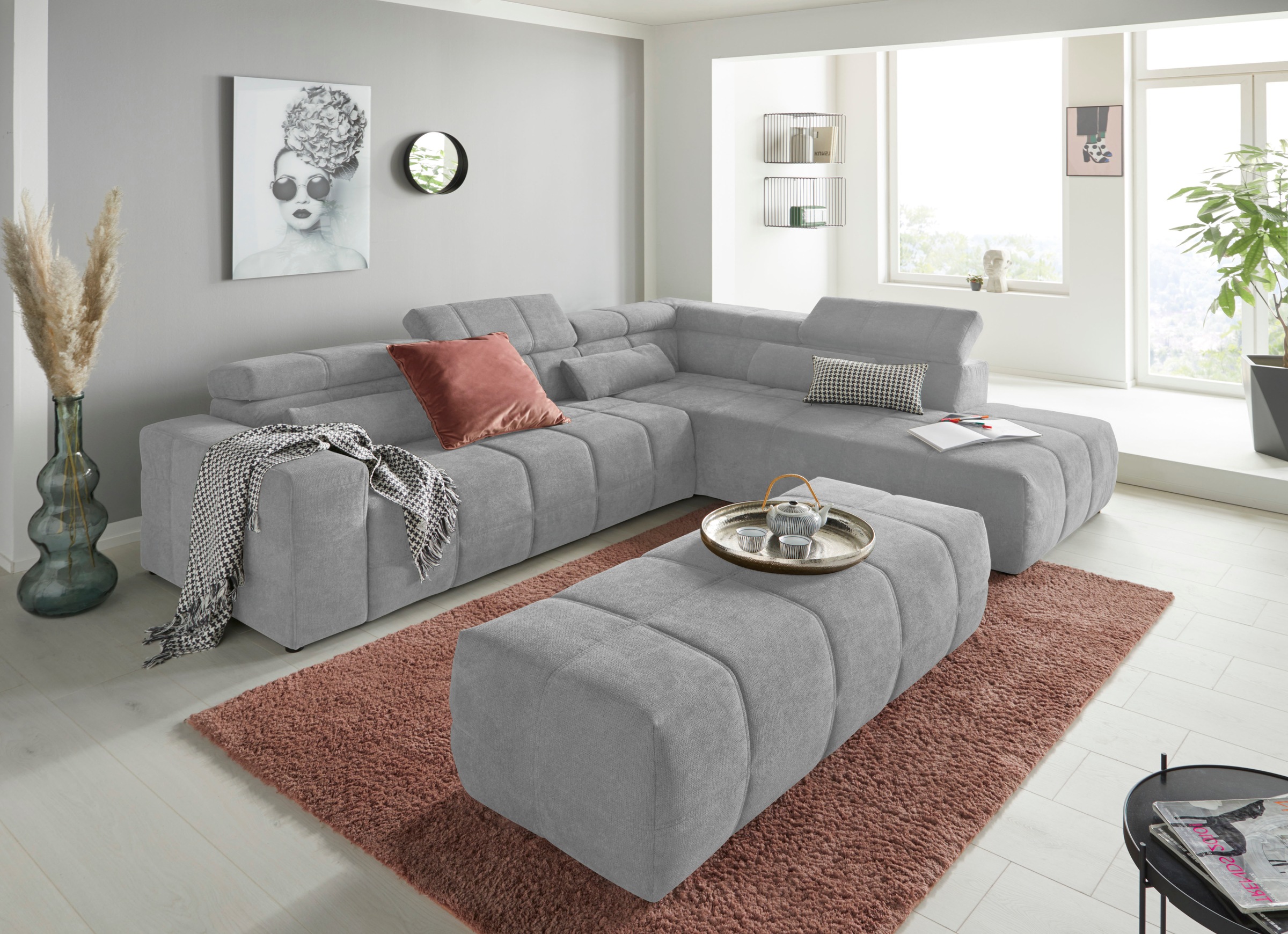 DOMO collection Ecksofa »Brandon L-Form, auch in Leder«, inklusive Kopfteilverstellung, wahlweise mit Sitztiefenverstellung