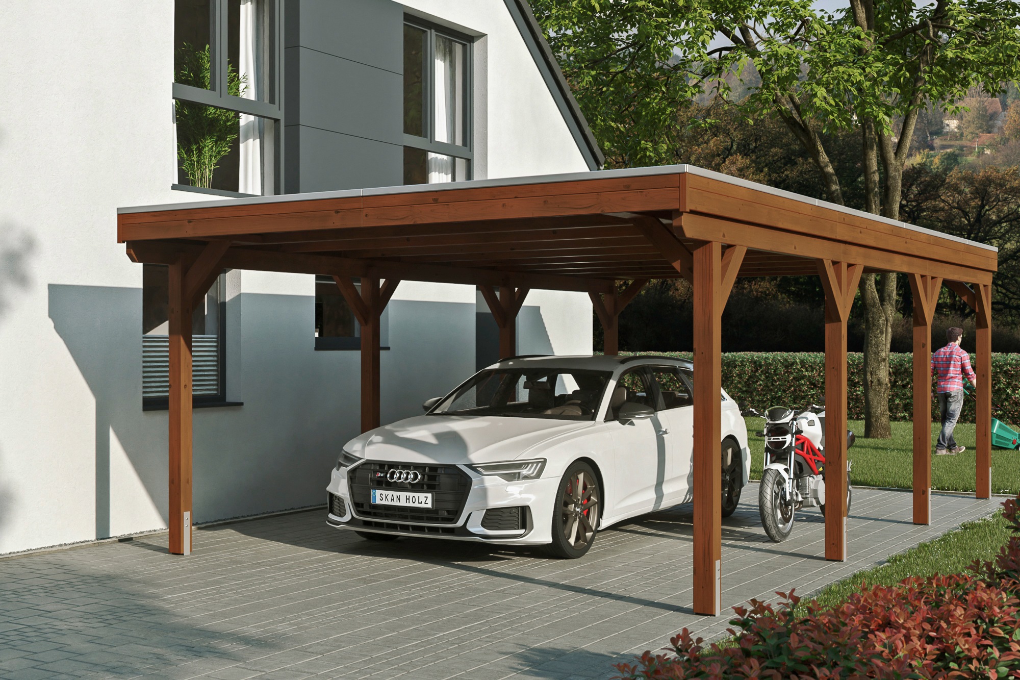 Skanholz Einzelcarport "Grunewald", Leimholz-Nordisches Fichtenholz, braun, mit Aluminiumdach