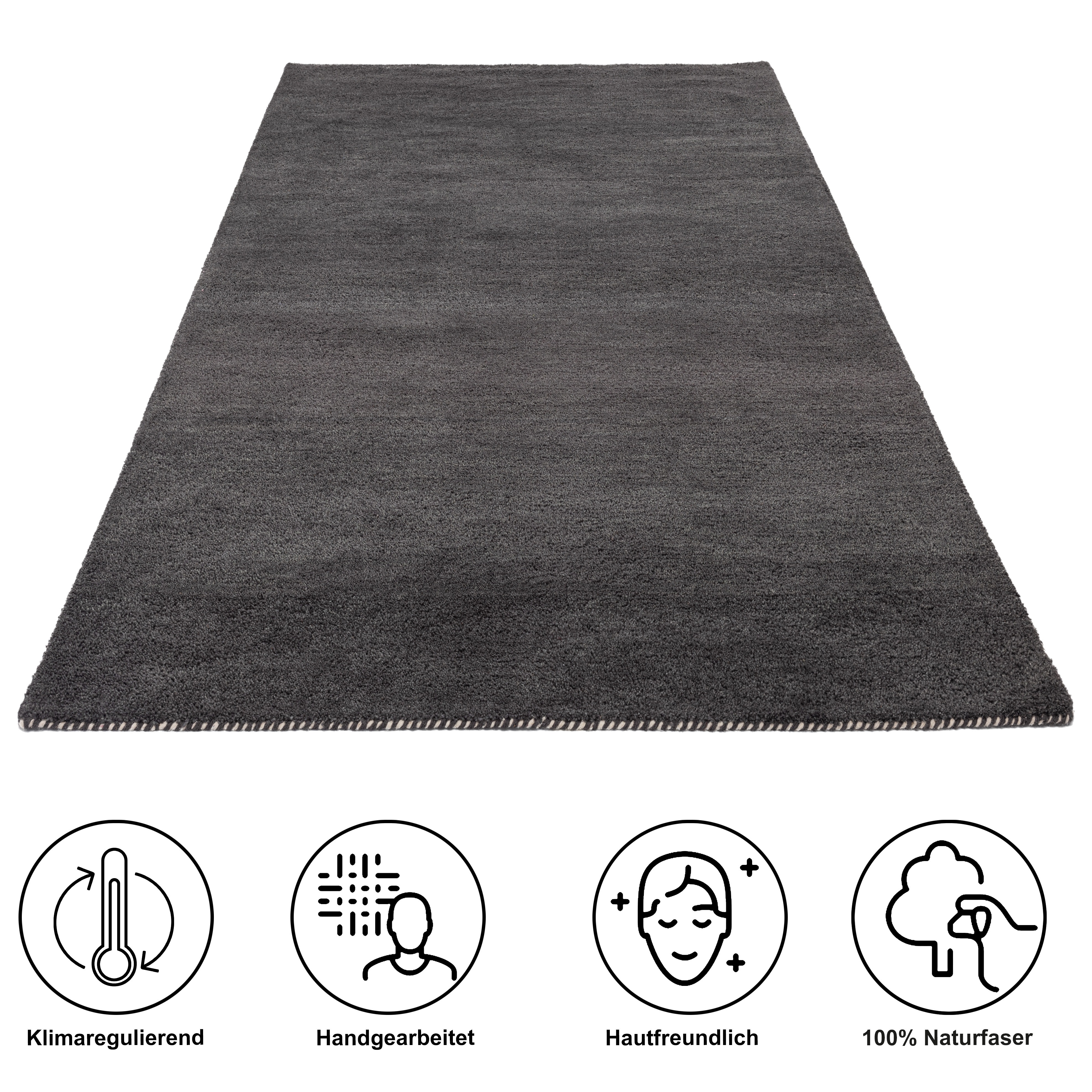 Thumbnail - THEKO Wollteppich "Gabbeh Uni, Handgefertigt, meliert, auch als Läufer erhältlich, Wolle" rechteckig 14 mm Höhe Schlafzi...