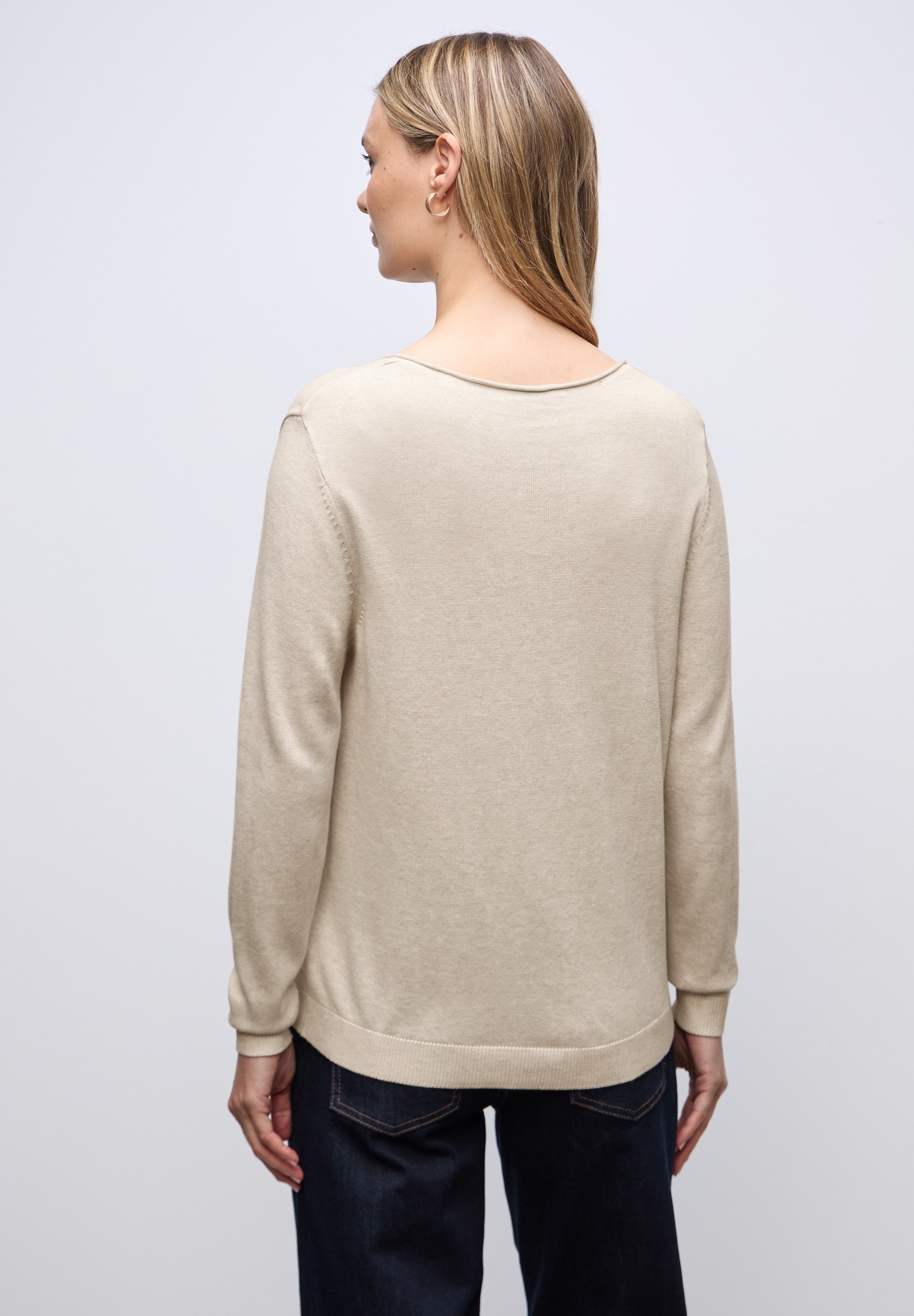 V-Ausschnitt-Pullover STREET ONE, Damen, Gr. 46, tusk cream meliert, Stoff, 60% Viskose, 40% Baumwolle, unifarben, normal normal, V-Ausschnitt, abgesteppt, Pullover, Feinstrick 2