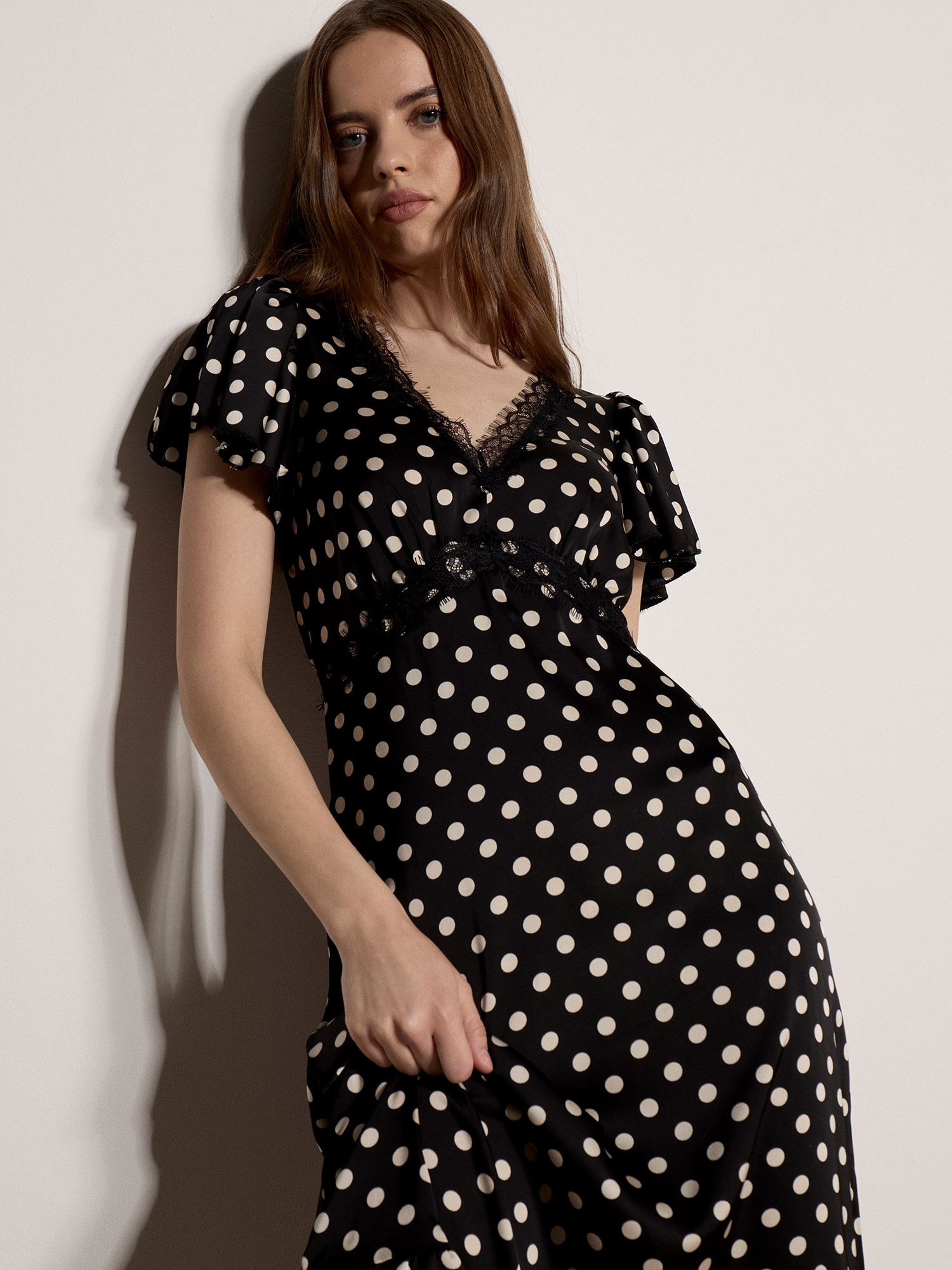 Apricot Midikleid »Midi-Kleid aus Satin mit Polka-Dot-Muster« mit Spitze
