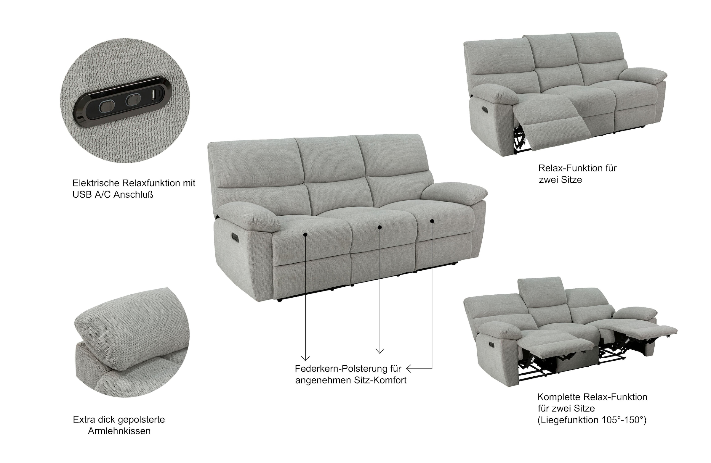 Home affaire 3-Sitzer »LANNOY, manuelle o. elelektrische Relaxfunktion in 2 Sitzen, USB A/C«, Liegefunktion (105°-150°), Reclinersofa, Webstoff, Federkern