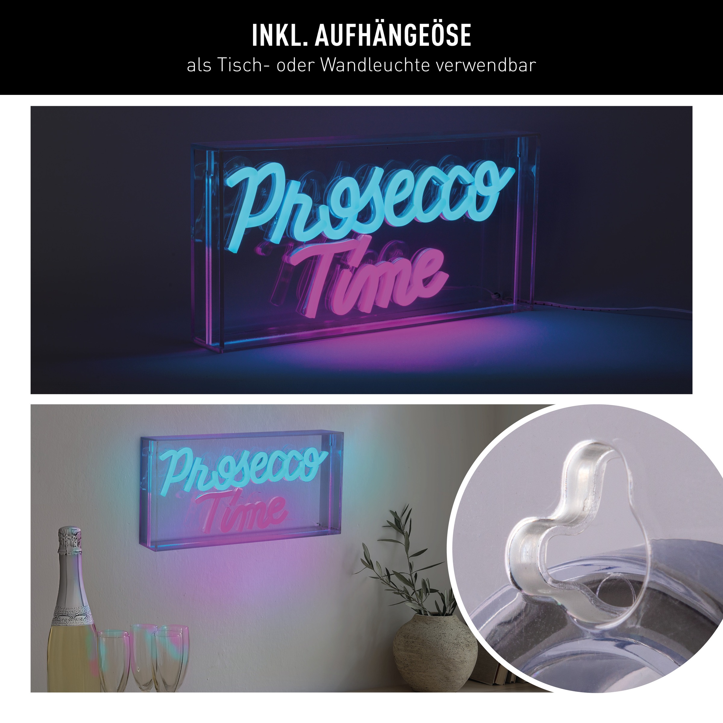 näve LED Dekolicht »PROSECCO TIME«, 1 flammig, Leuchtmittel LED-Modul | LED fest integriert, Schriftzug beleuchtet blau rot, Tisch- Wandfunktion, transparent, USB