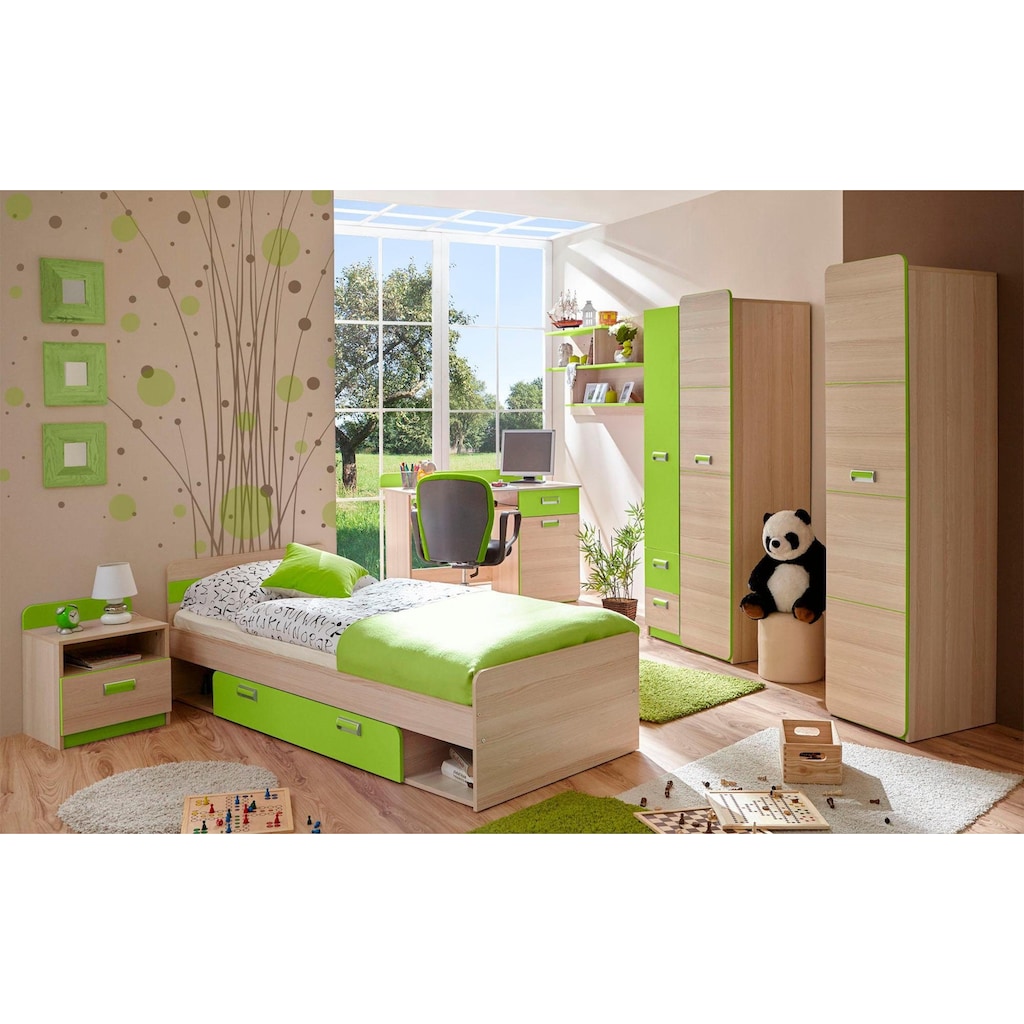 Ticaa Jugendzimmer-Set »Lori«, (Set, 6 St., Bett, Schrank, Schreibtisch, Standregal, Wandregal, Nachttisch), Bett + Schrank + Schreibtisch + Standregal + Wandregal + Nachttisch