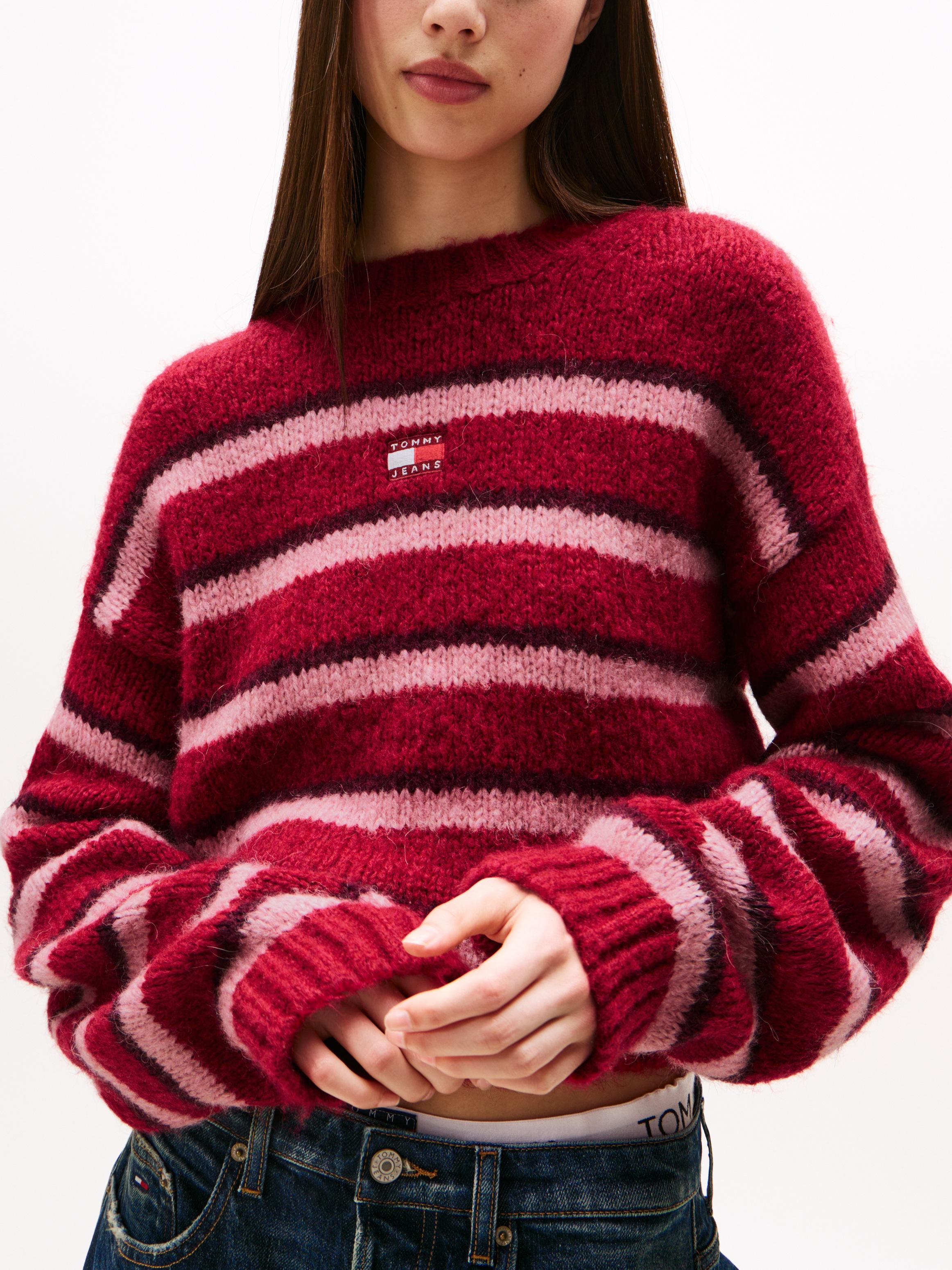 Tommy Jeans Rundhalspullover "TJW BADGE STRIPE FLUFFY SWEATER", mit Alpaka günstig online kaufen