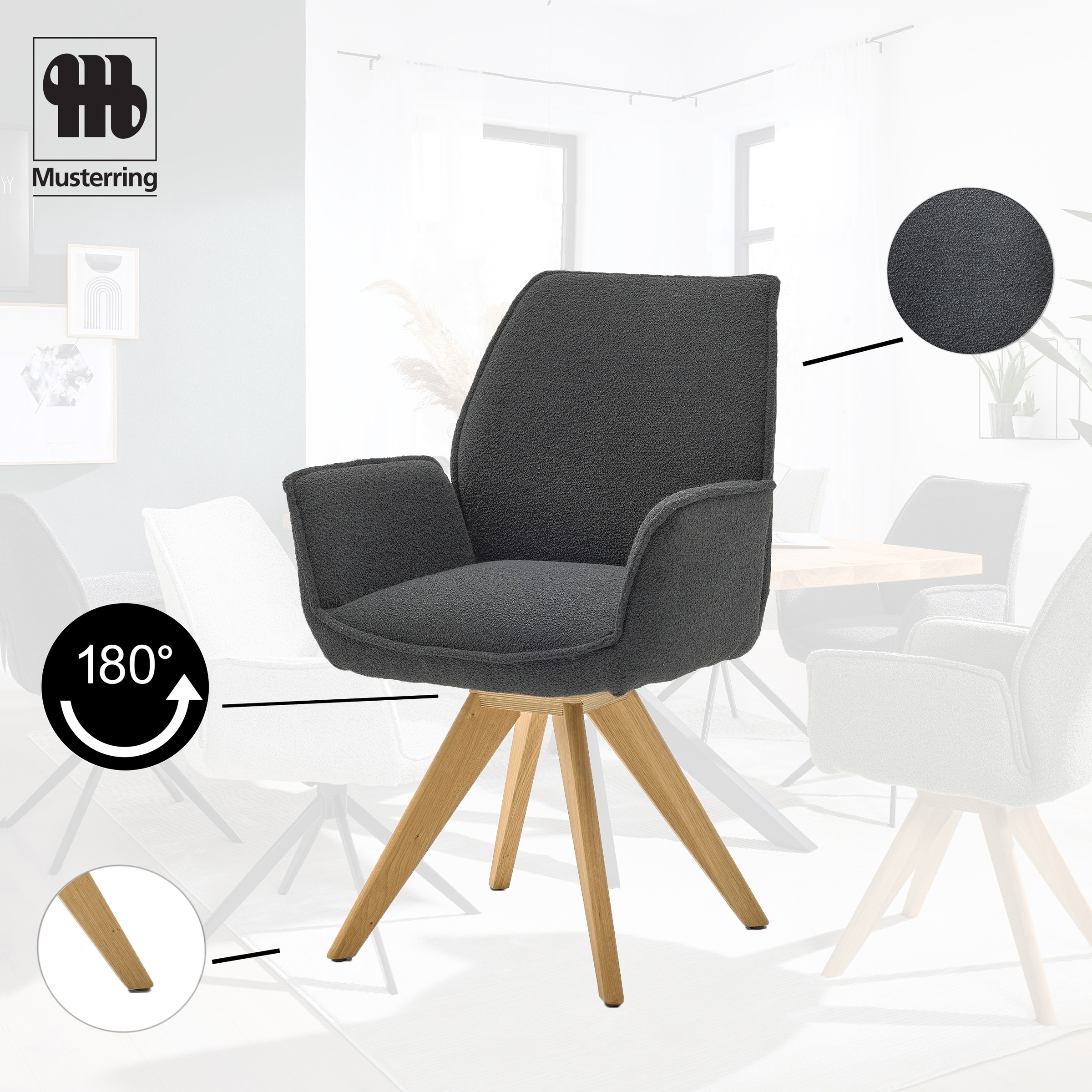 Musterring Esszimmerstuhl »Tiama« (Set) 2 Stk.Stativgestell Eiche massiv, 180° drehbar, Stoff Cord oder Bouclé