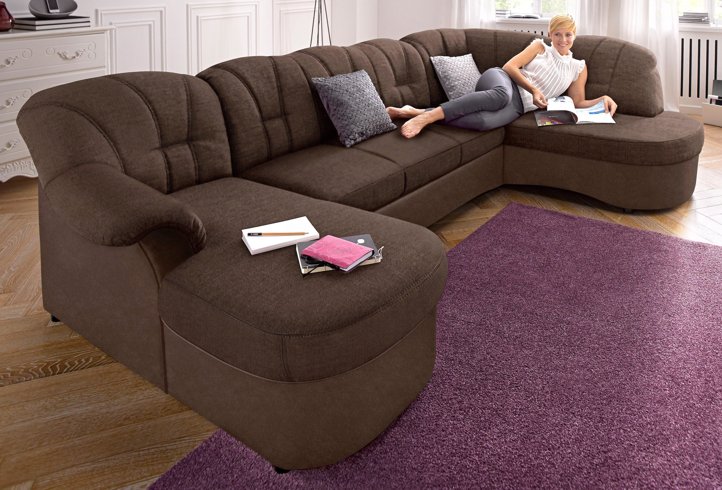 DOMO collection Wohnlandschaft "FLORES 293x180x86 cm, hochwertig, komfortabel, U-Form" wahlw. mit Bettfunktion, wahlw. mit Federkern, Unser Dauertiefpreis