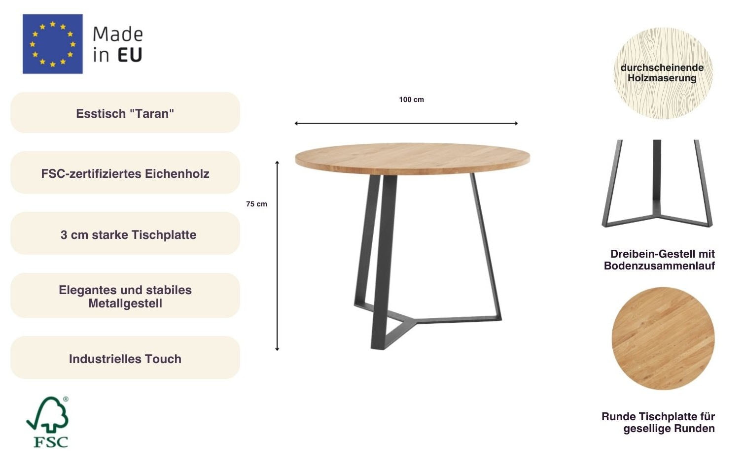 andas Esstisch »Taran« Gesamtmaße D/H: 100/75cm,  aus Massivholz