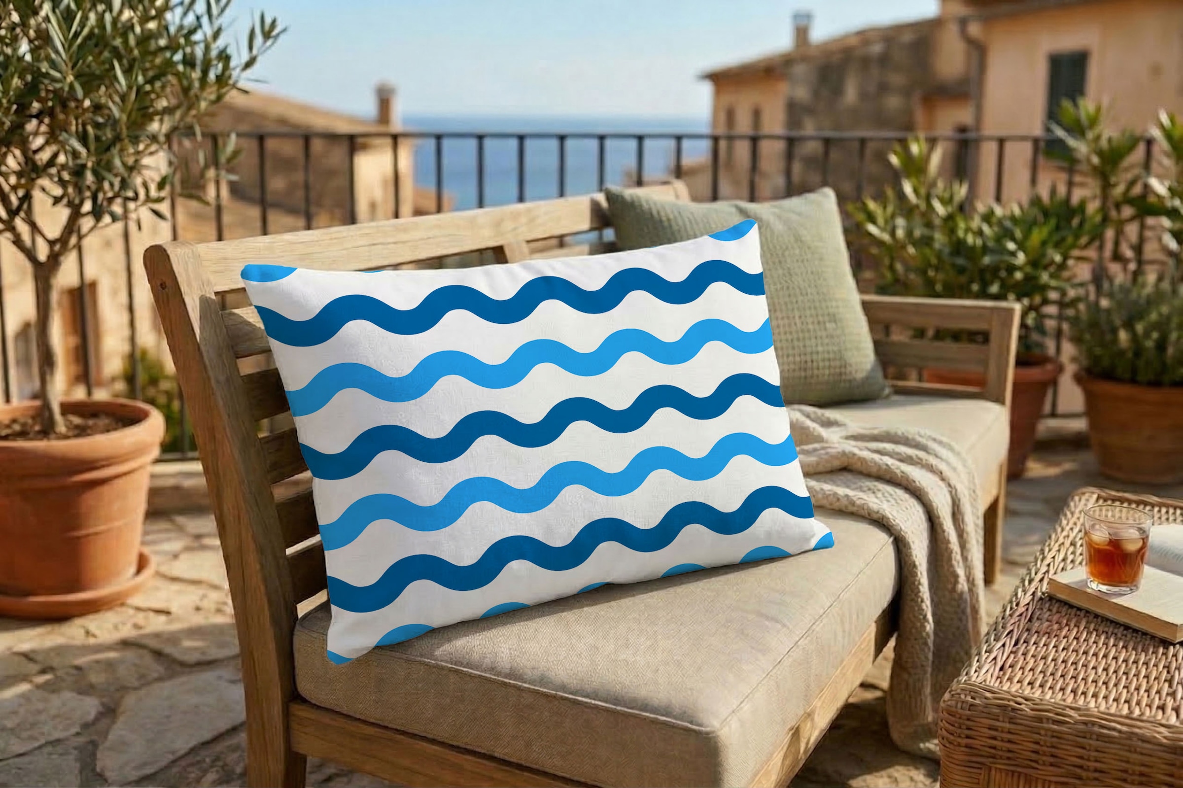 queence Dekokissen »Wellen Meer« Premium Outdoor Kissenbezug; Format: 60x40 cm