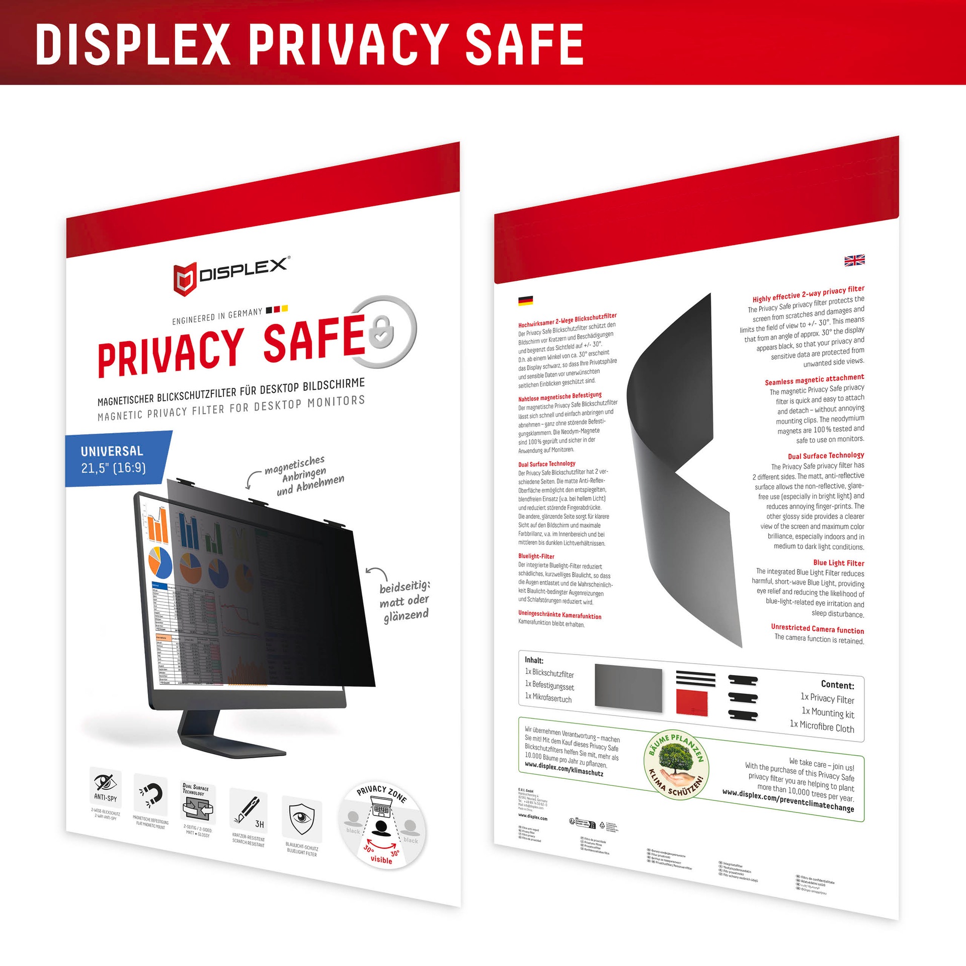 Displex Displayschutzfolie »Privacy Safe Blickschutzfilter«, für Universell für Monitore mit 21,5 (16:9), Blickschutzfolie, Schutzfolie, Bildschirmschutz, kratz- & stoßfest