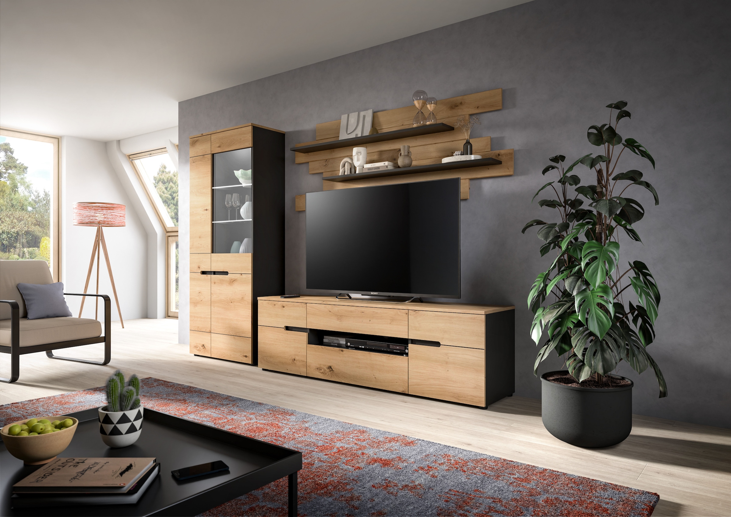 INOSIGN Wohnwand »REHAT, TOPSELLER!, 3-teilig, Breite 280 cm, inklusive Beleuchtung«, (5 St., Set inkl. Beleuchtung, bestehend aus: Vitrine, Lowboard und Wandboard), Kombination, Anbauwand, Set, Wohn-Set, Wohnzimmer-Set, Schrankwand