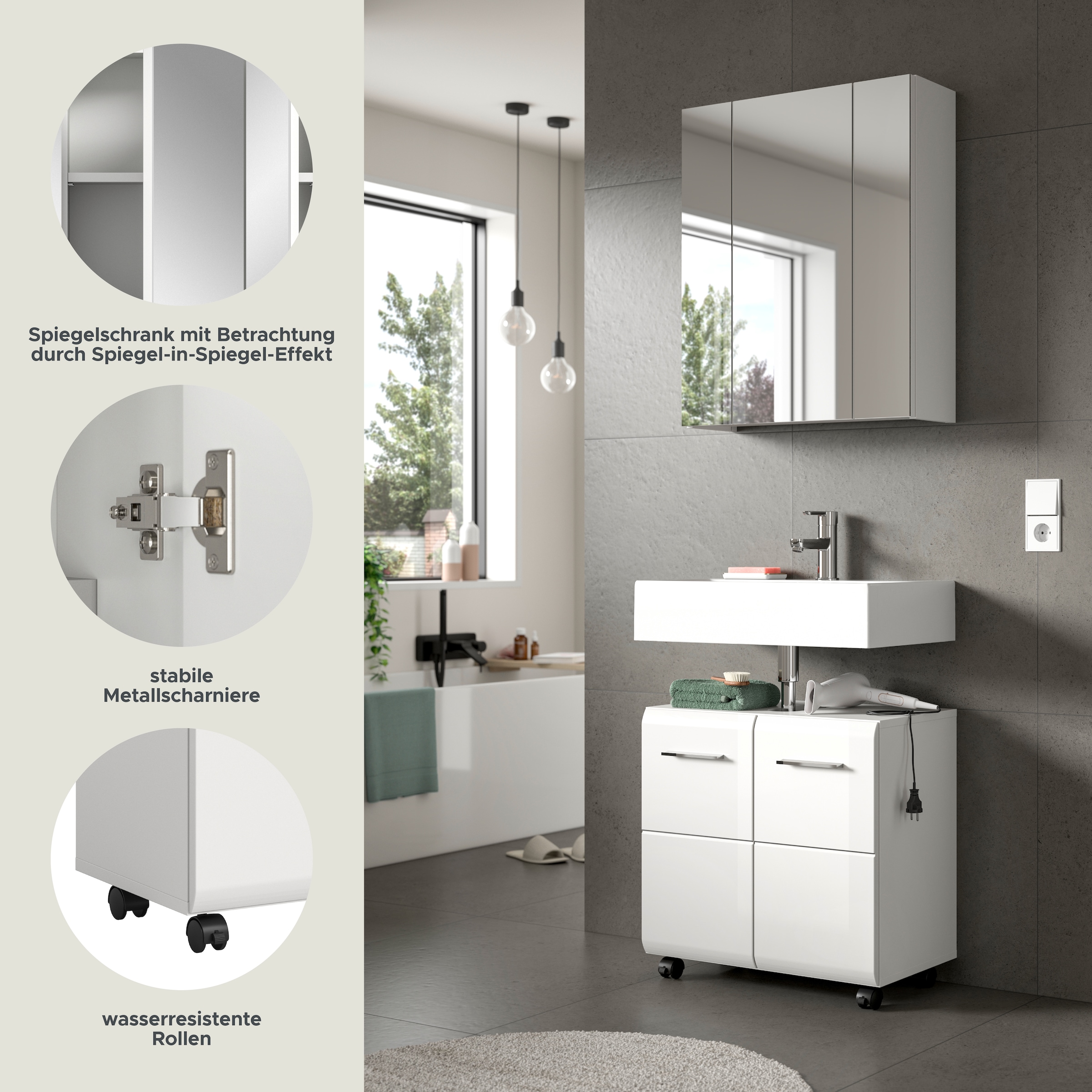 welltime Badmöbel-Set »FLORENZ, 2-tlg. Bad-Kombination, hochwertige MDF-Front« best. aus: 1 Spiegelschrank, 1 Waschbeckenunterschrank, 3 Stk. tlg.