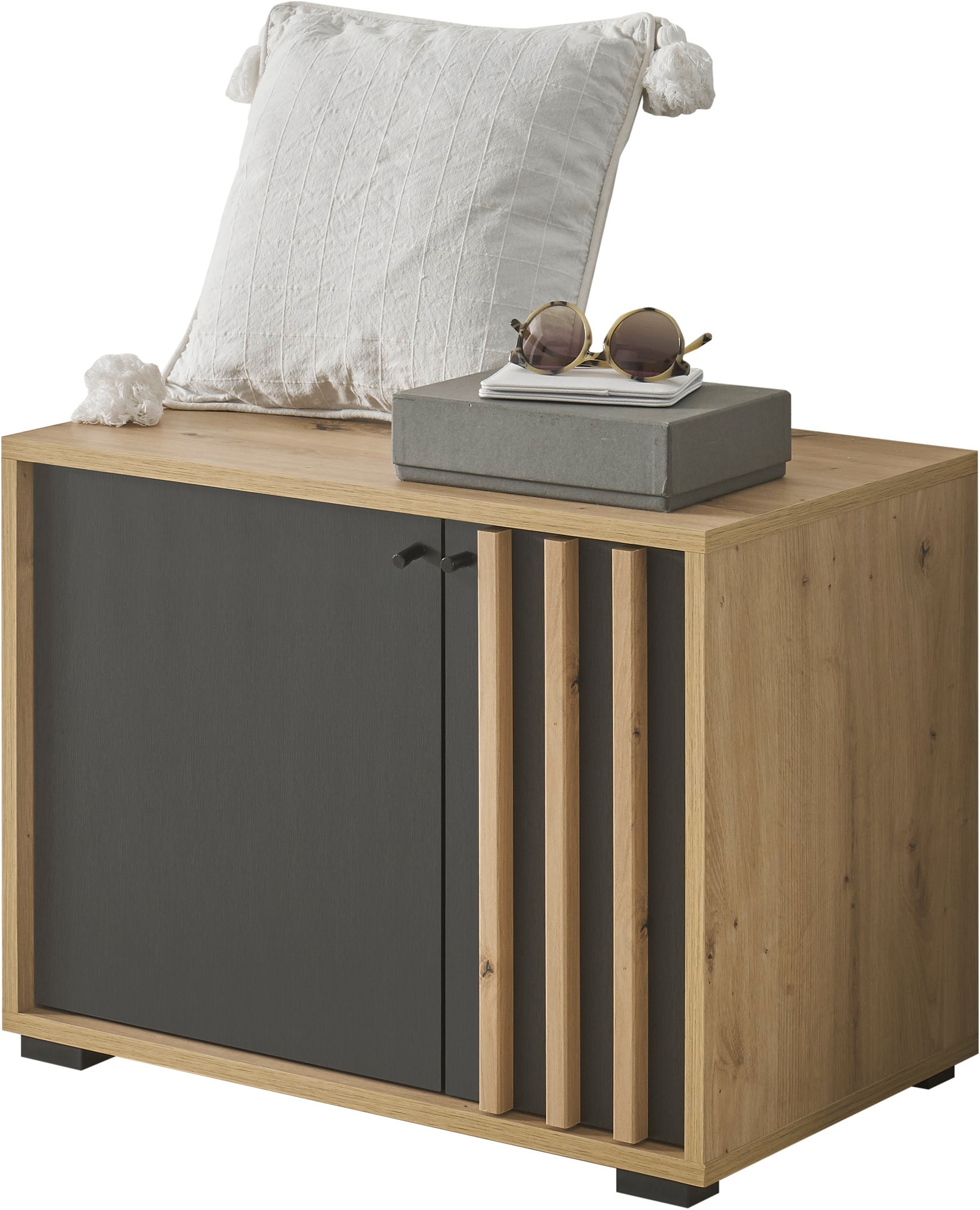 HBZ Garderoben-Set »5-tlg. Eiche MDF Stripes Flurgarderobe Stellmaß BxHxT 230x196x38 cm«, (5 St.), Mit Schuhkommode, Hochschrank, Bank, Paneel, Spiegel