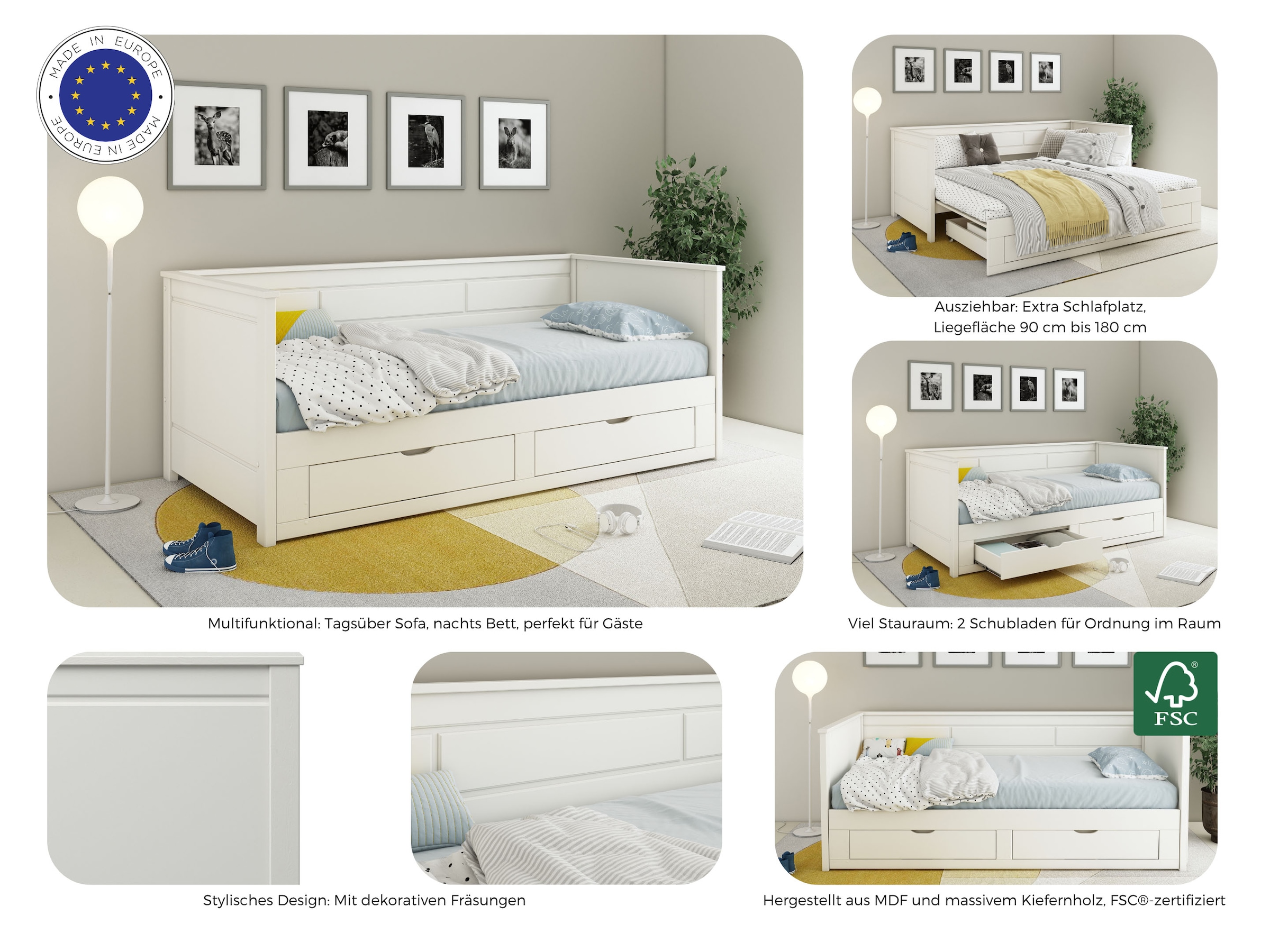 Home affaire Ausziehbett »Leorben, OTTOs Choice, Daybed, Jugendbett, Landhausstil, Massivholz«, (B/H/T ca. Liegefläche von 90cm auf 180cm ausziehbar 100x82x210cm), Liegefläche ausziehbar, 2 Schubladen, inkl. Lattenroste, Stauraumbett