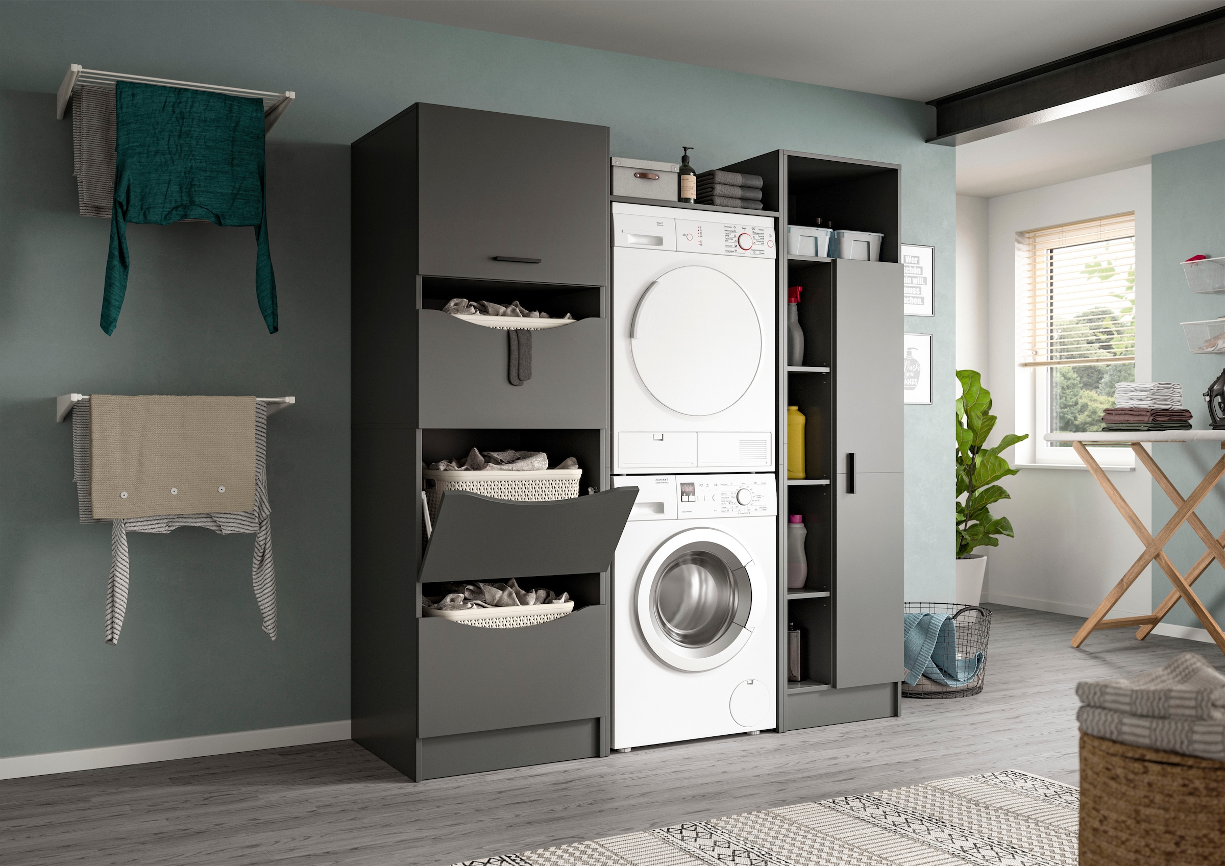 welltime Badmöbel-Set »FALAS, TOPSELLER!, 3-teilig, Hauswirtschaftsraum Set, Breite 176 cm«, (Set, 3 St., 1x Wäscheschrank, 1x Waschmaschinenumbauschrank, 1x Mehrzweckschrank), Kombination, Waschmaschinenumbau, Waschmaschinenschrank, Wäschekammer