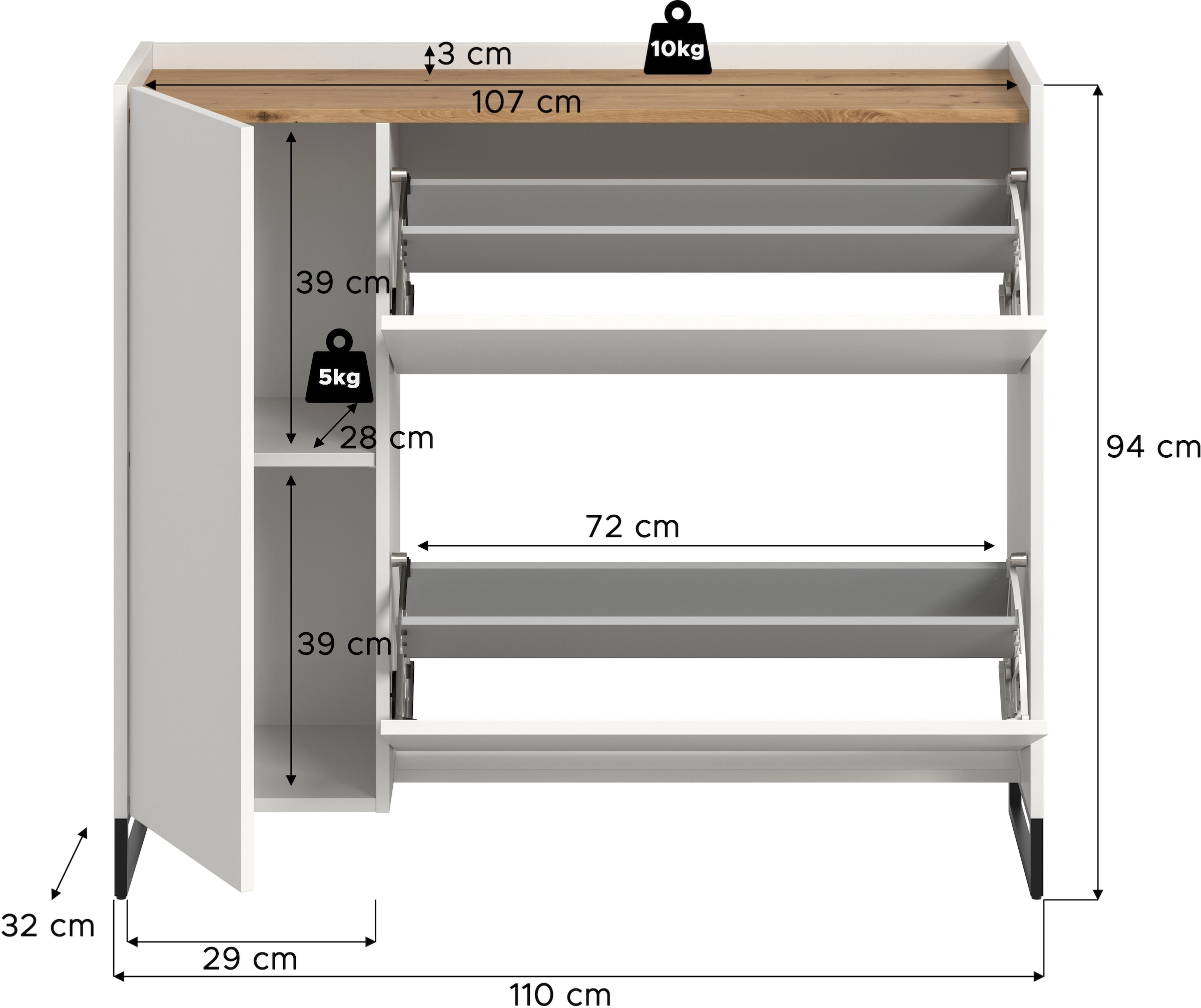INOSIGN Schuhschrank »EVRID, Breite 110cm, 1 Tür, 2 Schuhwalzen, inkl. Metall-Kufenfüße«, (1 St., individuell mit anderen Artikel der Serie EVRID erweiterbar), Schuhkommode, Kommode, Sideboard, Garderobenschrank, Flurkommode