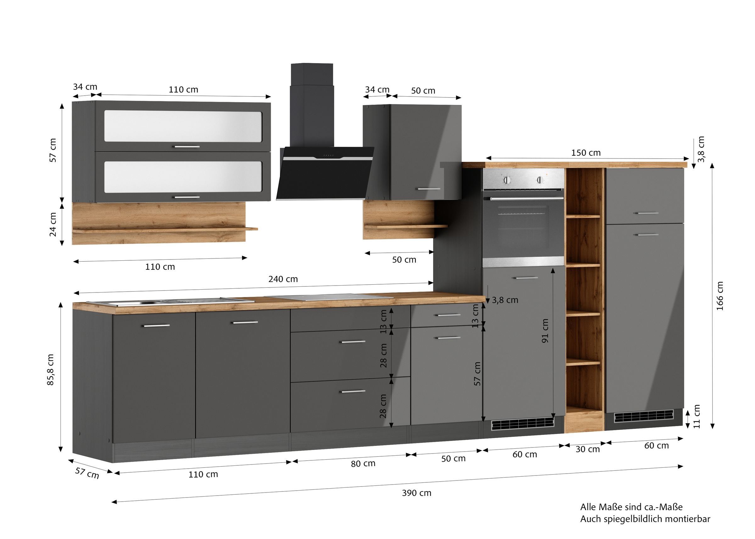 KOCHSTATION Küchenzeile »KS-Milan« 390 cm breit, viel Stauraum, wahlweise mit E-Geräten