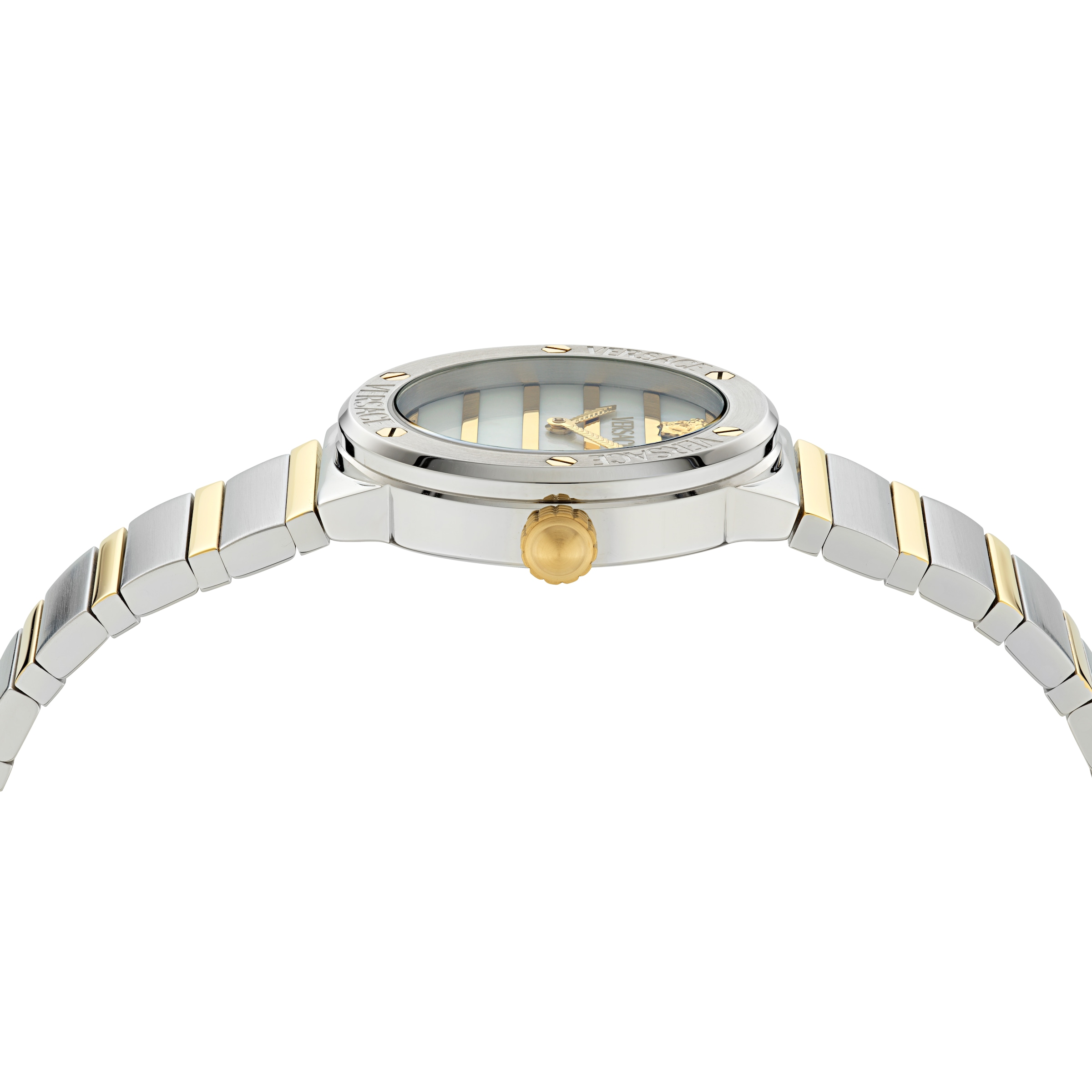 Versace Quarzuhr »GRECA LOGO PEARL« Armbanduhr, Damenuhr, Swiss Made, Edelstahlarmband, analog