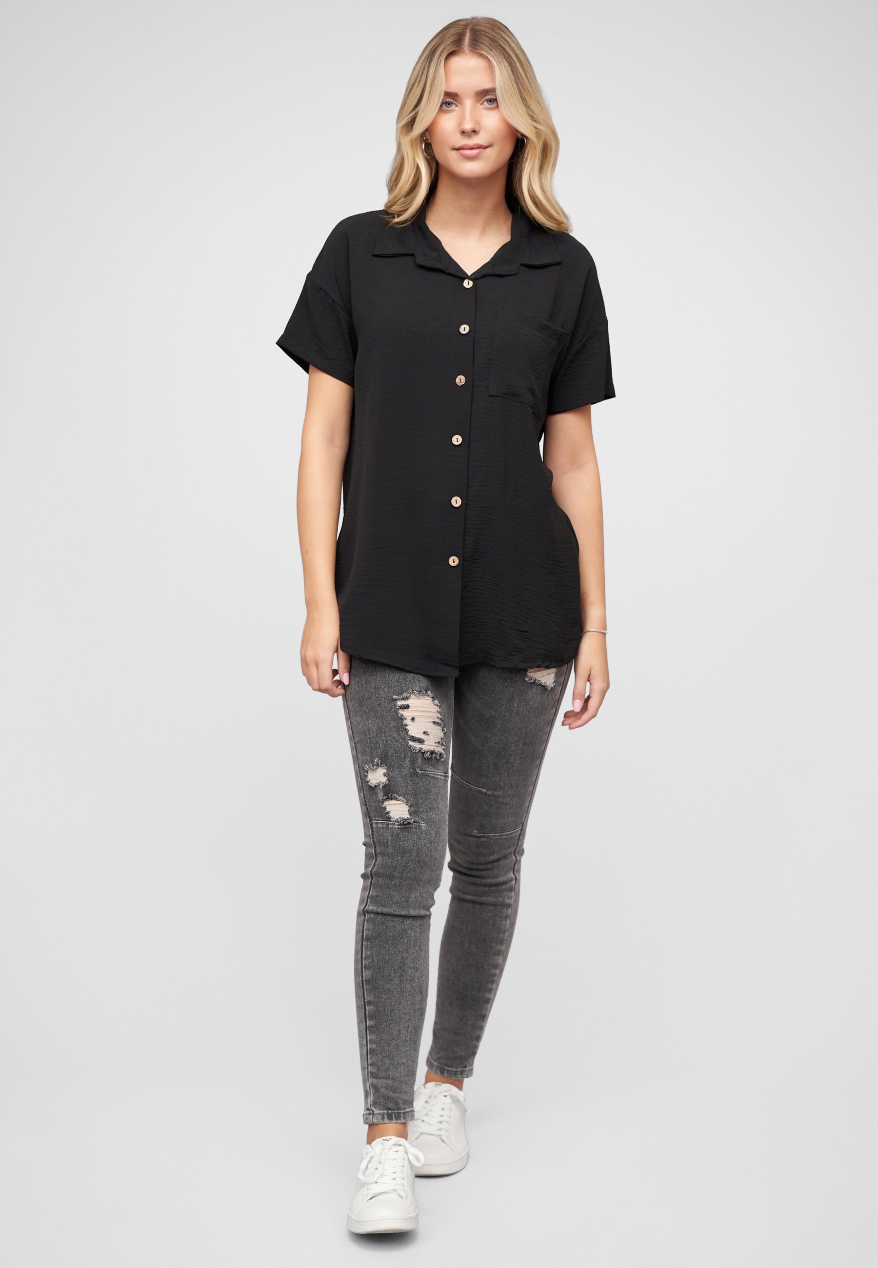 CLOUD 5IVE T-Shirt »CLOUD 5IVE Musselin Kurzarm Hemd mit Knopfleiste und Brusttasche« 1