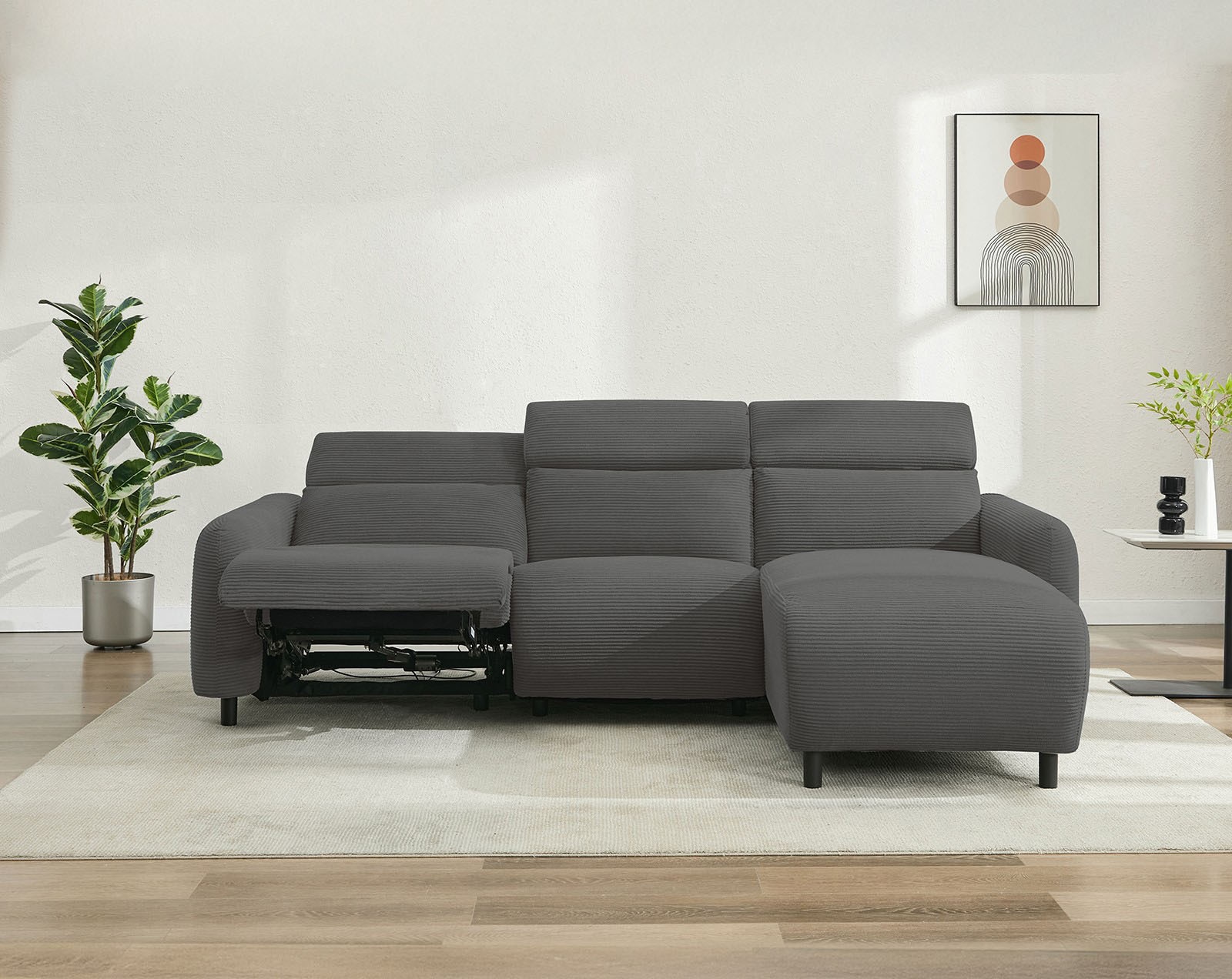 OTTO home Ecksofa »SKAANE in Cord, L-Form, 274 cm, manuelle u. elektrische Relaxfunktion,« rundes Design, Kopfteilverstellung, Federkernpolsterung