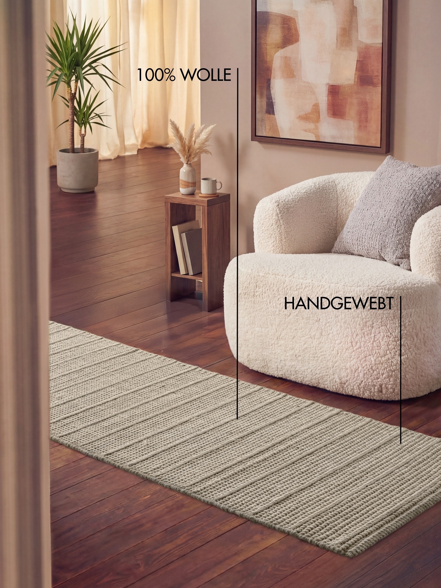 Wollteppich TED BAKER "Parker", natur weiß, B:80cm H:7mm L:250cm, Wolle, Teppiche, Wolle, Natur, handgewebt, Wohnzimmer, Schlafzimmer, Boho, Skandi 2
