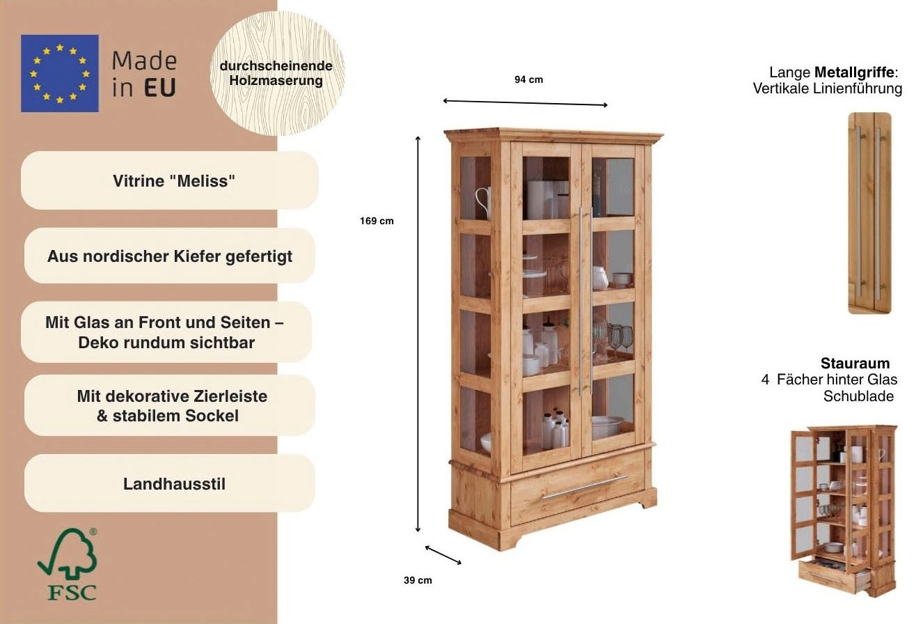 Thumbnail - Home affaire Vitrine "Meliss" Höhe 169 cm, Breite 94 cm, 2-türig, Kiefer massiv, FSC