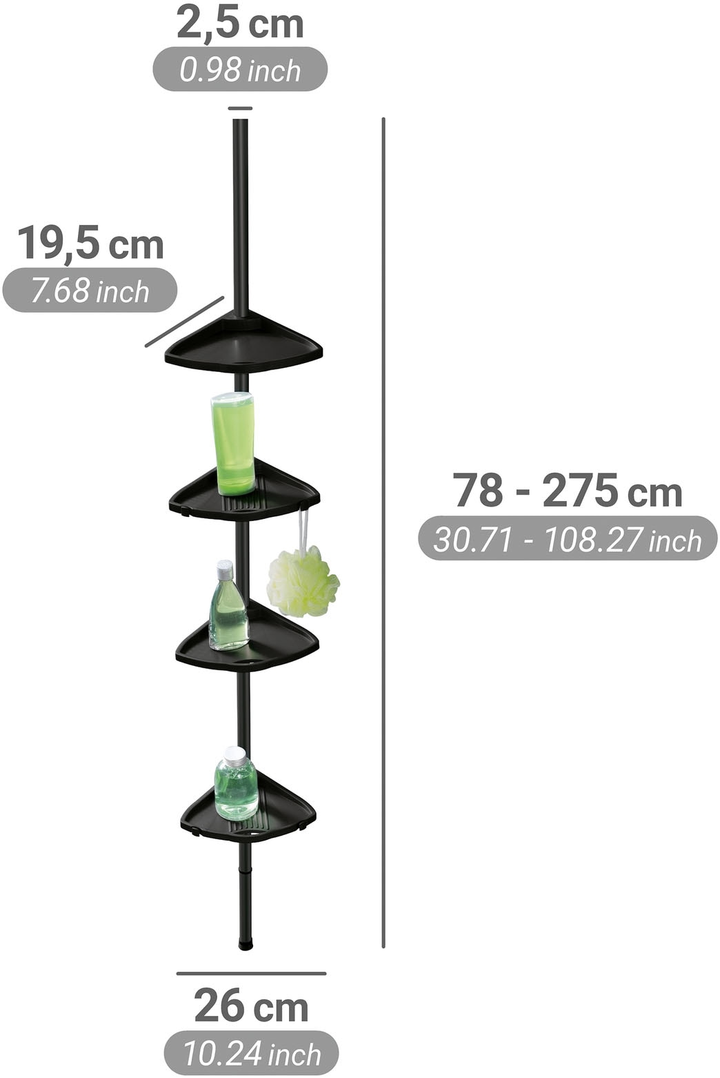 WENKO Duschregal »Compact« Eckregal mit 4 Ablagen und 8 Haken, Montage ohne Bohren, Aluminium