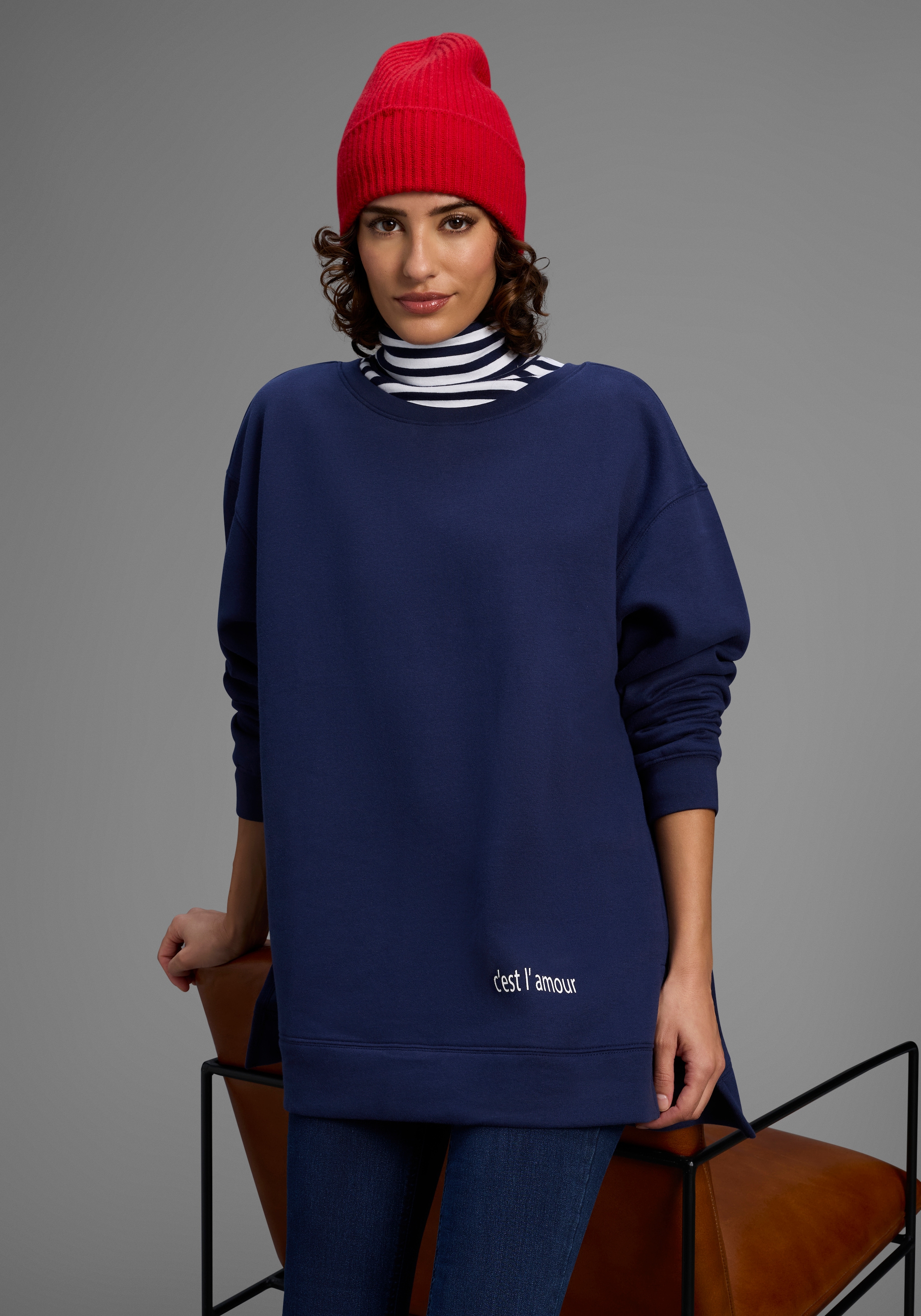 Laura Scott Longsweatshirt, Weiche Baumwollmischung mit Seitenschlitzen und günstig online kaufen