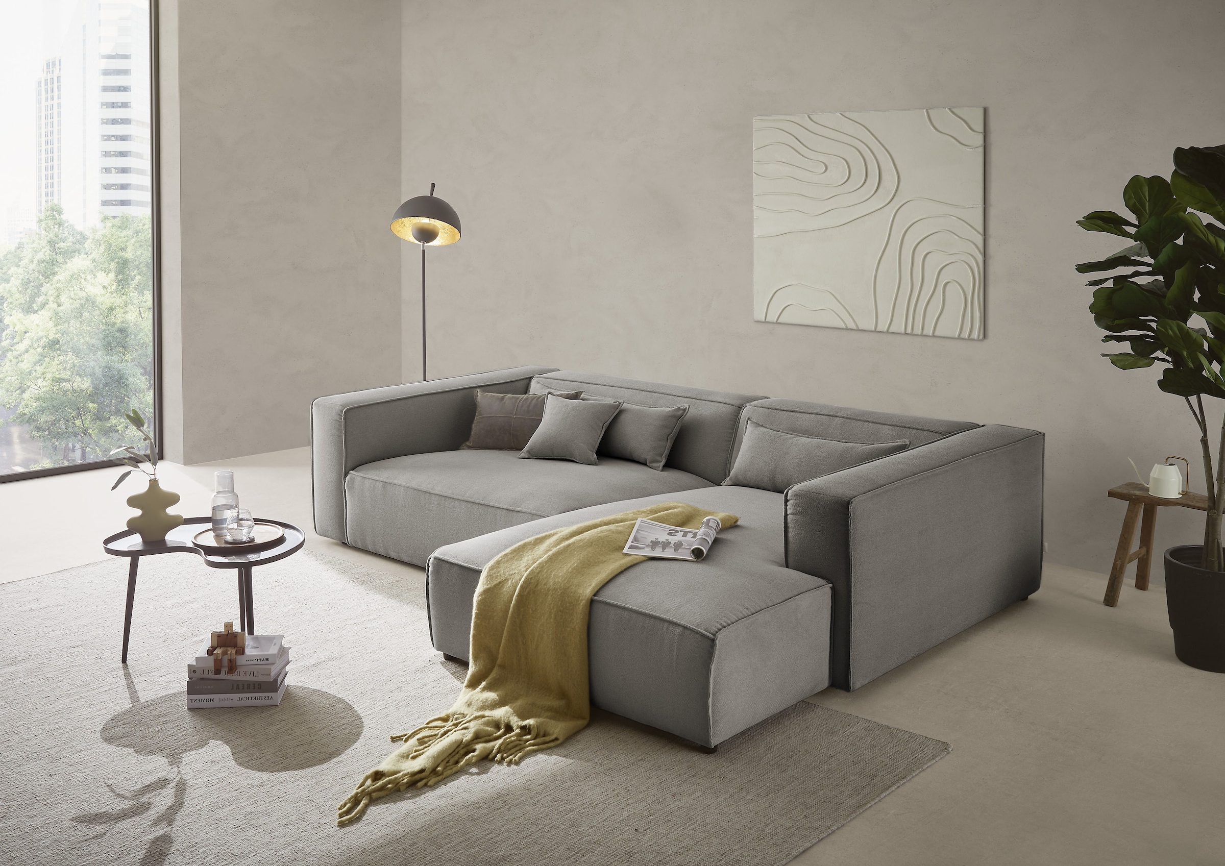 LeGer Home by Lena Gercke Ecksofa »PIARA XXL, Big-Sofa in Cord oder Leinenoptik, L-Form, mit Kedernaht«, wahlweise Ottomane rechts/links, schwarze Füße, extra tiefe Sitzfläche