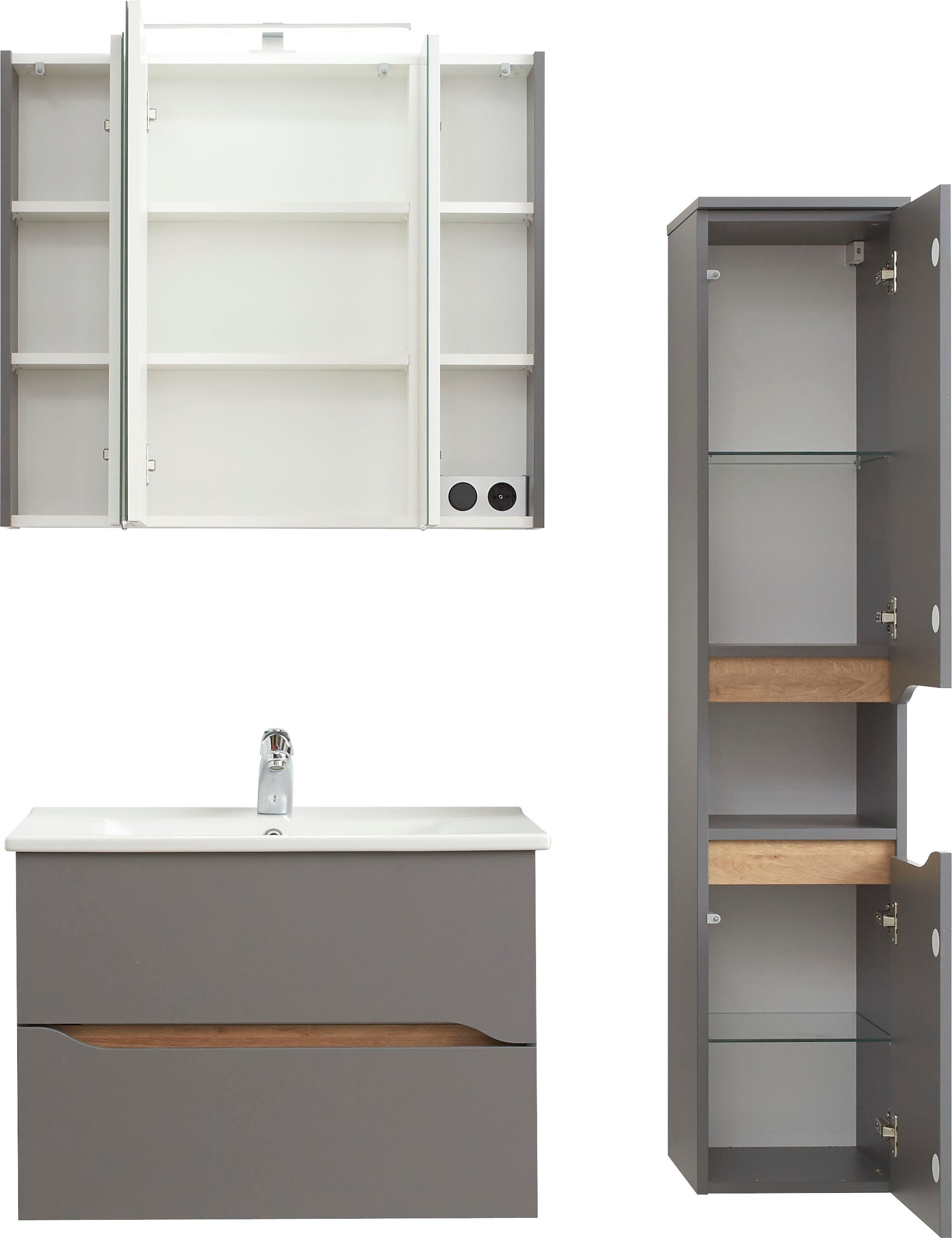 Thumbnail - Saphir Badmöbel-Set "Quickset 3-teilig, Keramikwaschtisch mit LED-Spiegelschrank" 3 Stk. tlg.