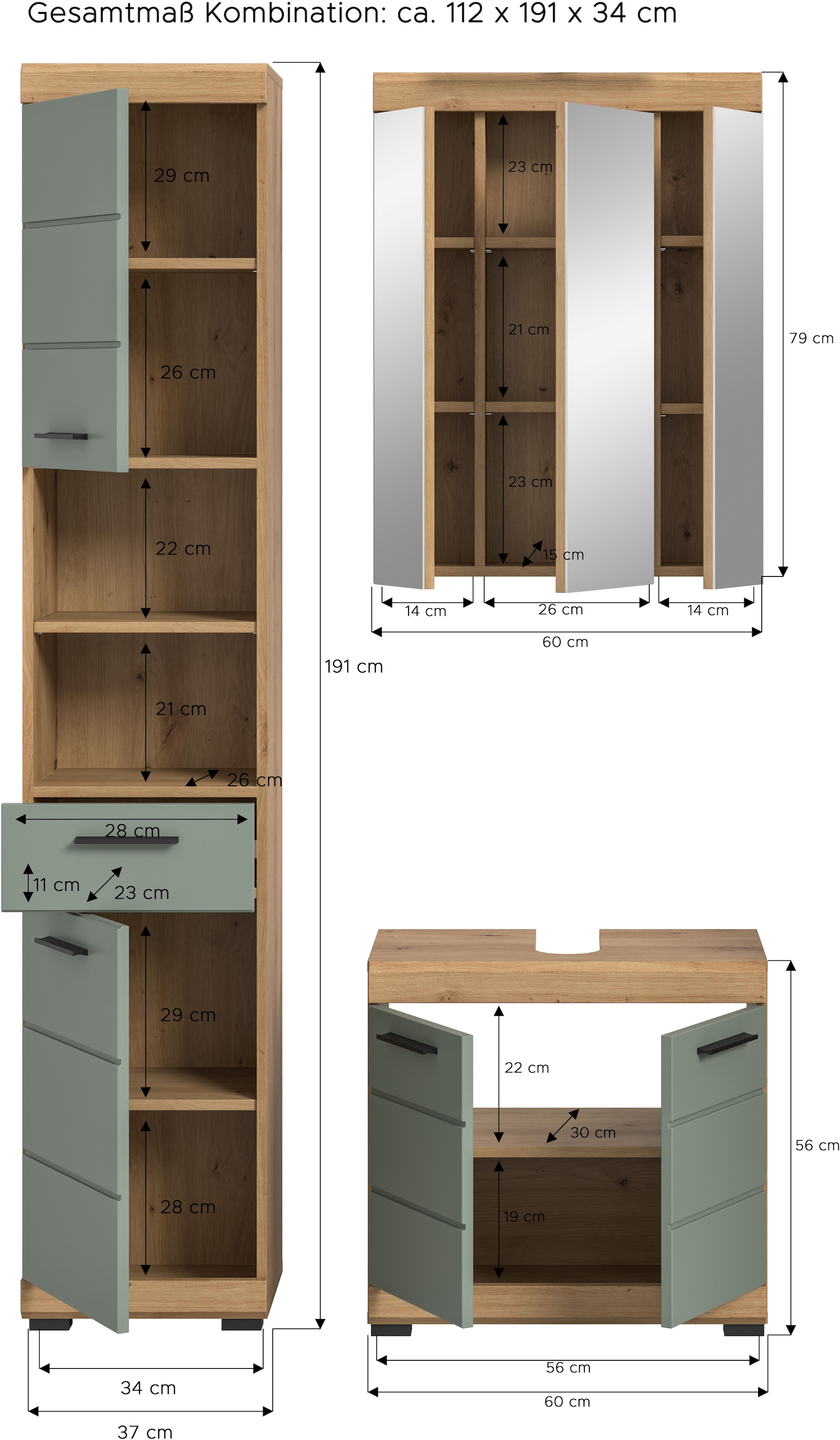 INOSIGN Badmöbel-Set »Siena, 3 teilig, bestehend aus:«, (Set), Hochschrank, Waschbeckenunterschrank, Spiegelschrank