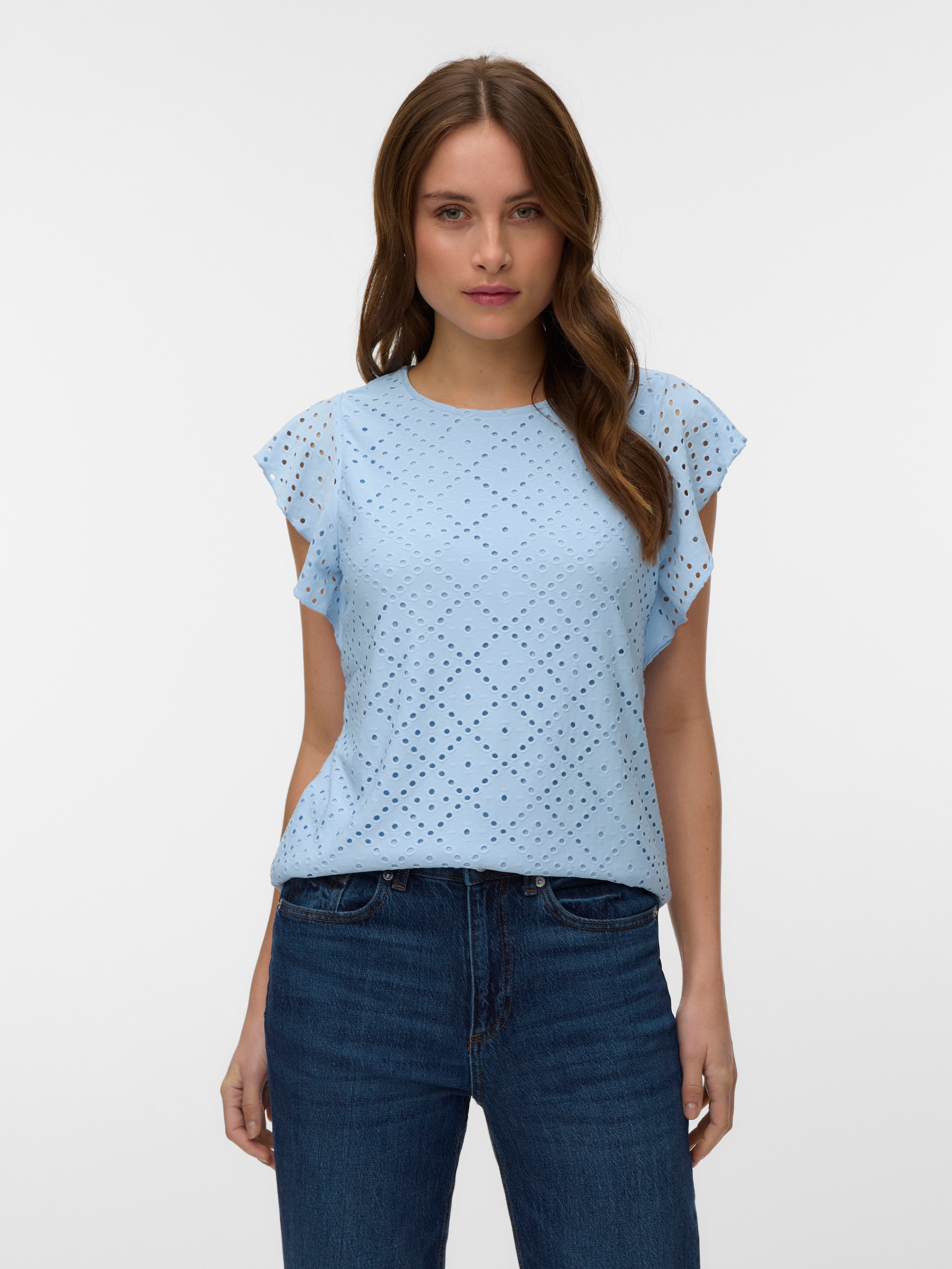 Vero Moda Rundhalsshirt "VMTASSA SL FRILL TOP NOOS" Materialmix, loose fit günstig online kaufen
