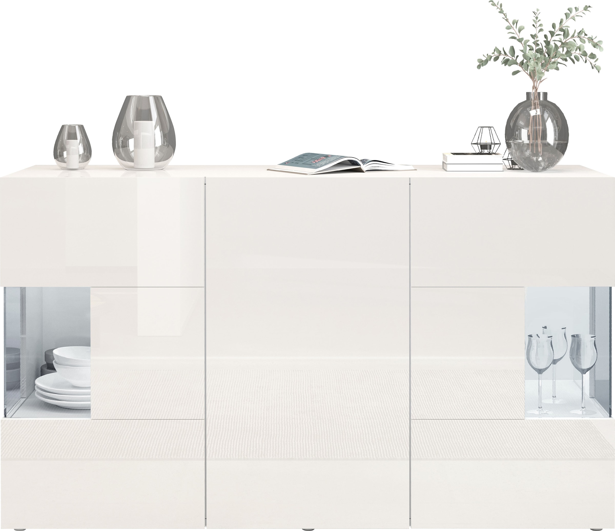 INOSIGN Sideboard »Egypt, Kommode, Schrank, Kredenz, Vitrine grifflos«, 3 Türen davon 2 mit Glaseinsatz, kompl. Hochglanz lackiert Breite 135