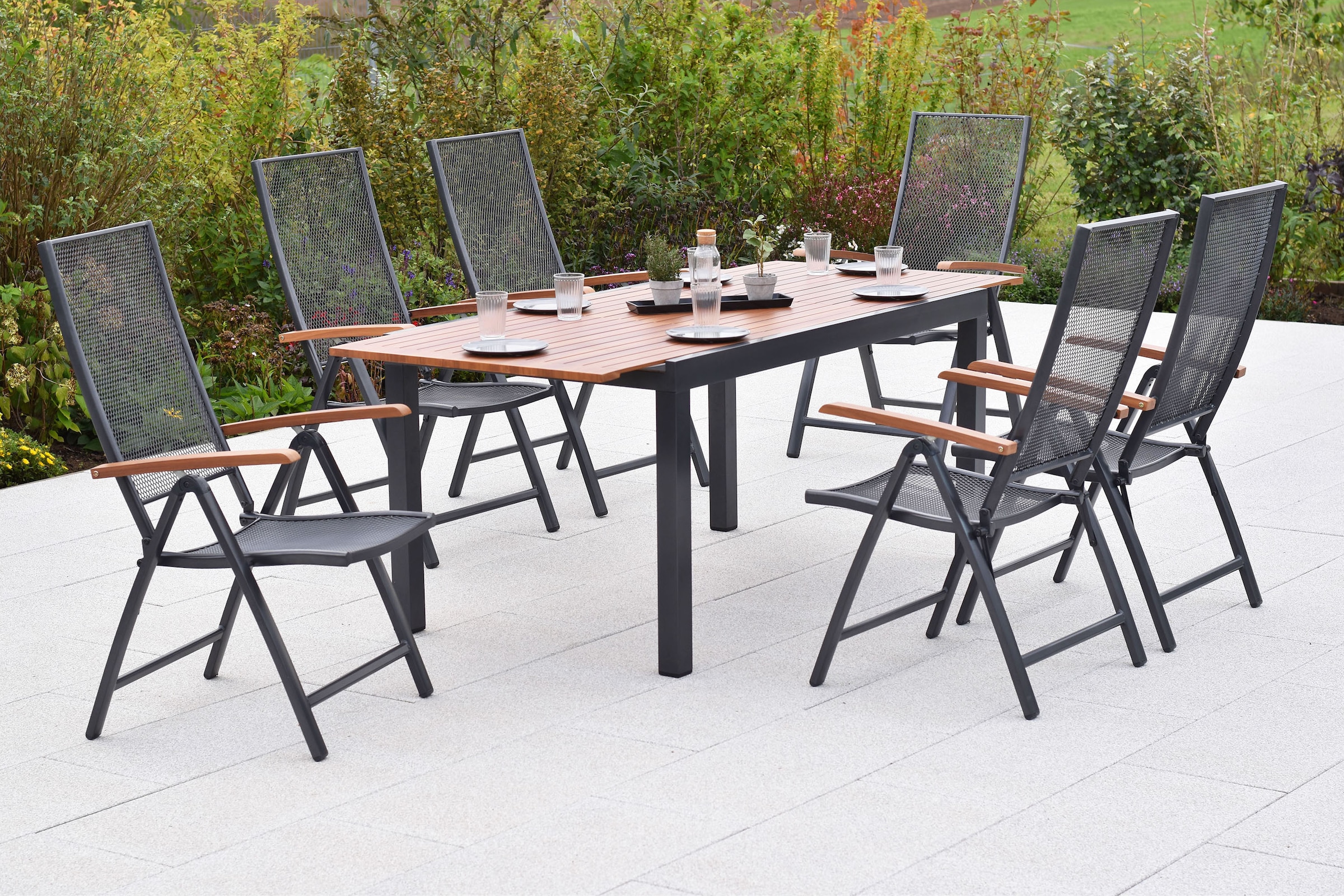 MERXX Garten-Essgruppe »»Thasos««, (Set, 7 tlg.), folierte Armlehnen und Tischplatte in Holzoptik