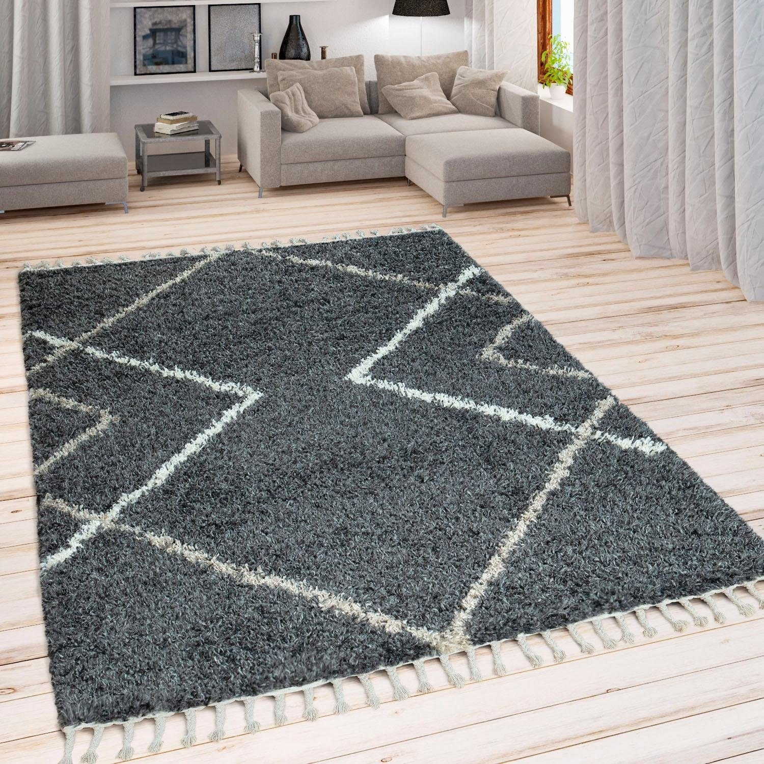 Paco Home Hochflor-Teppich »Helsinki 530«, rechteckig, weicher Hochflor-Shaggy, Scandi Design, mit Fransen