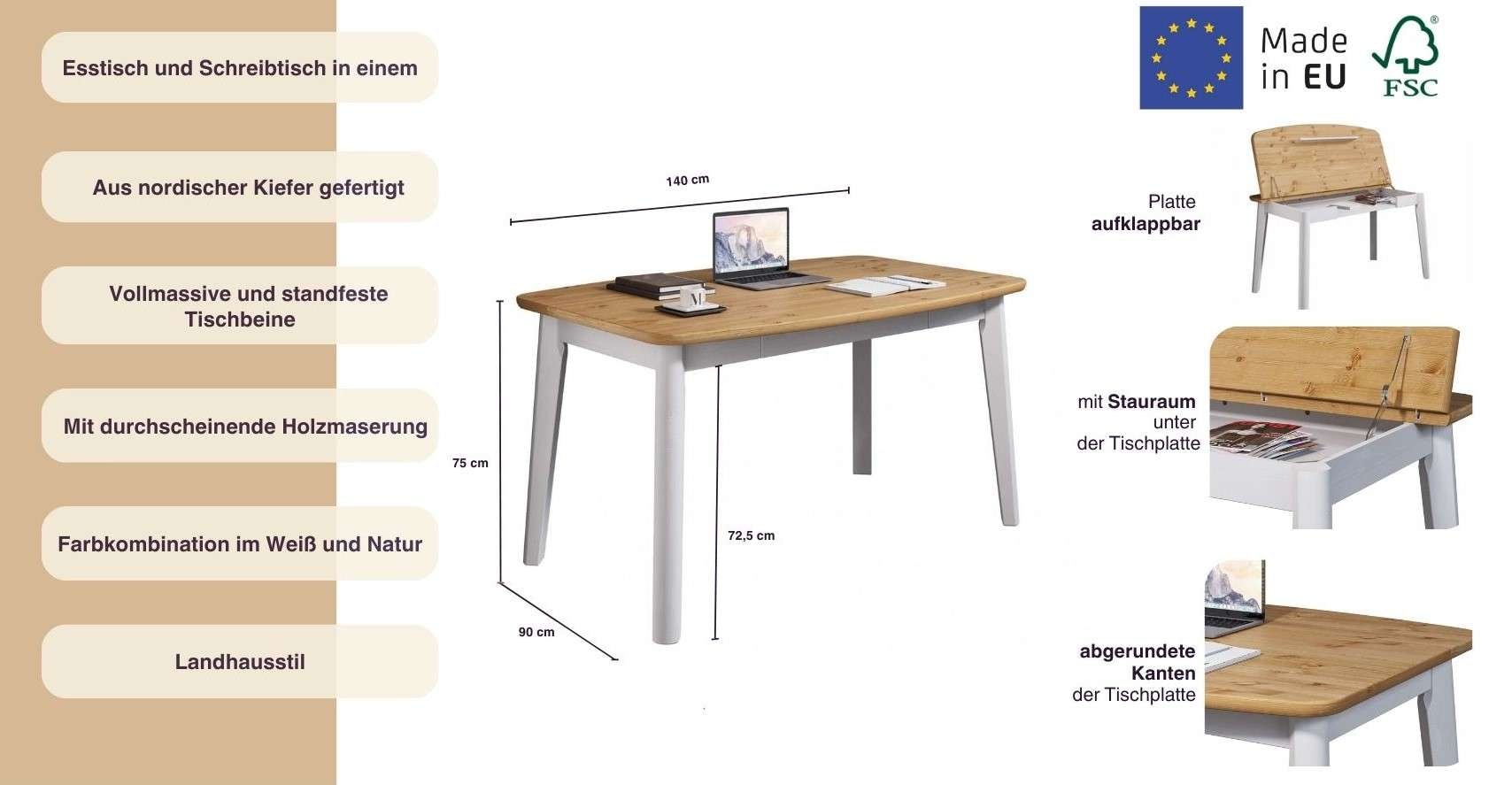 Home affaire Esstisch »Palermo, multifunktionaler Tisch, Arbeitstisch, Schreibtisch«, mit Stauraum, Platte aufklappbar, Home Office Schreibtisch, Massivholz