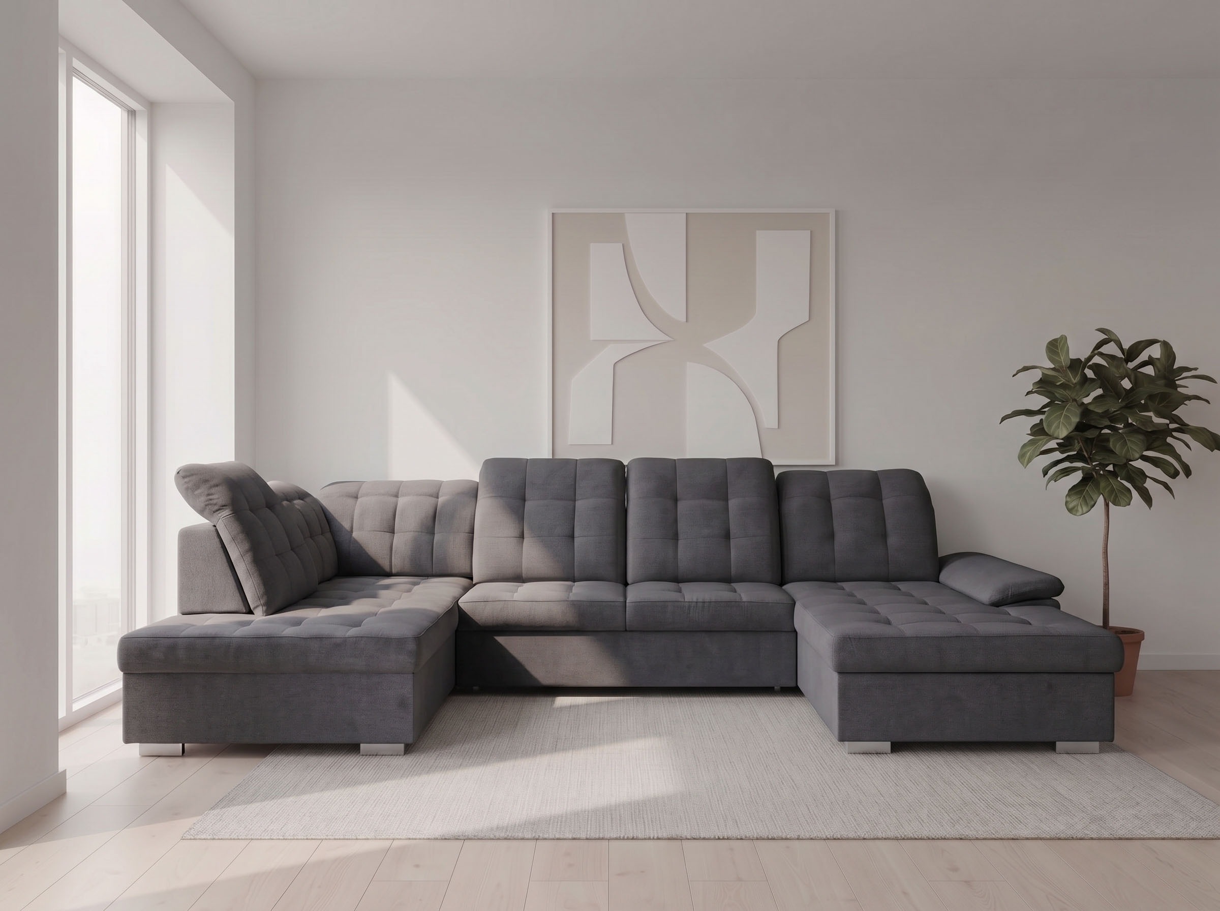 WERK2 Wohnlandschaft "Kordula-New 332 x 217 cm Multifunktion Couch modern und bequem" Struktur weich, U-Form, XXL, Sitztiefenverstellung, Schlaffunktion