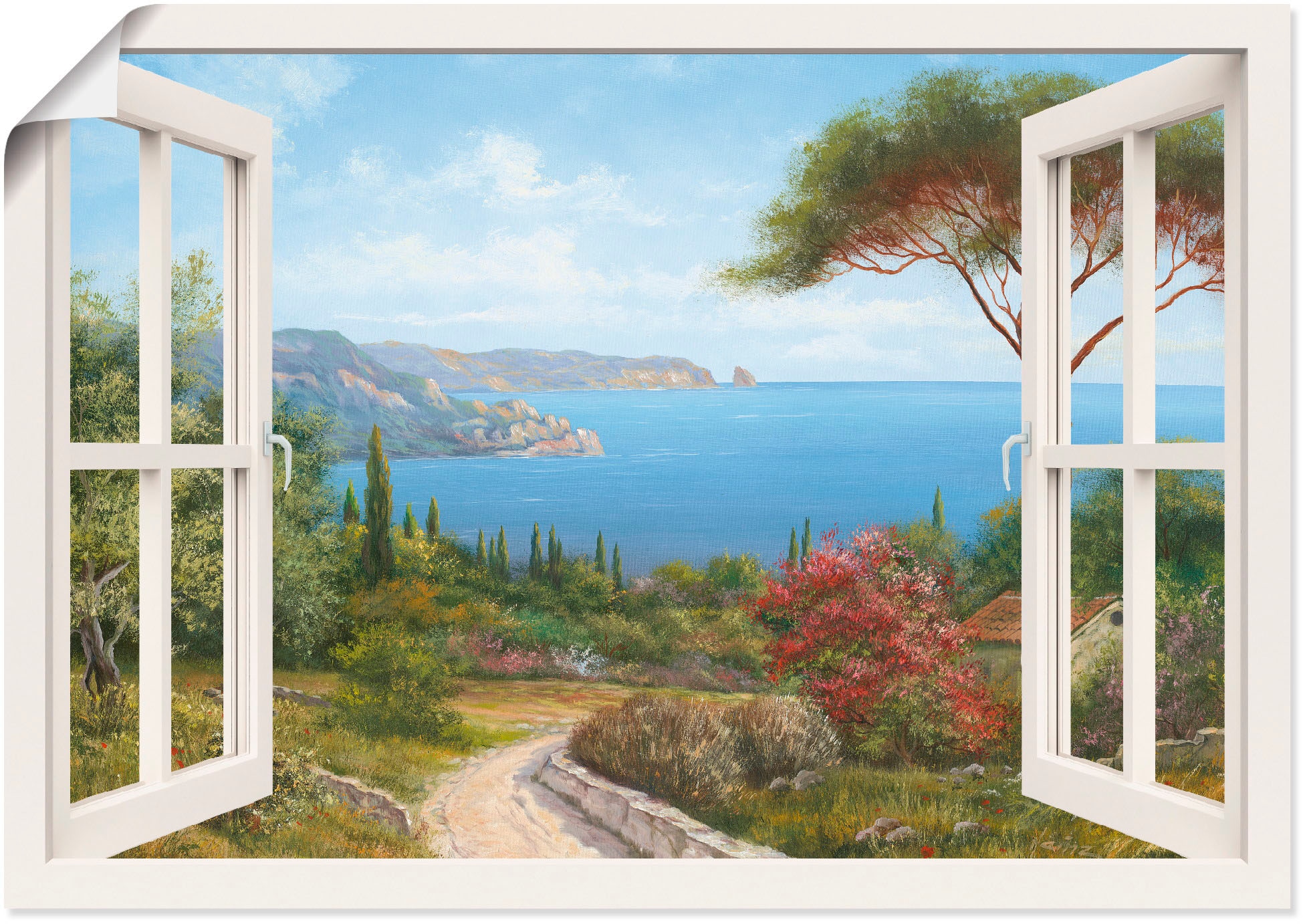 Artland Wandbild »Fensterblick - Haus am Meer I«, Fensterblick, (1 St.), als Leinwandbild, Poster, Wandaufkleber in verschied. Größen