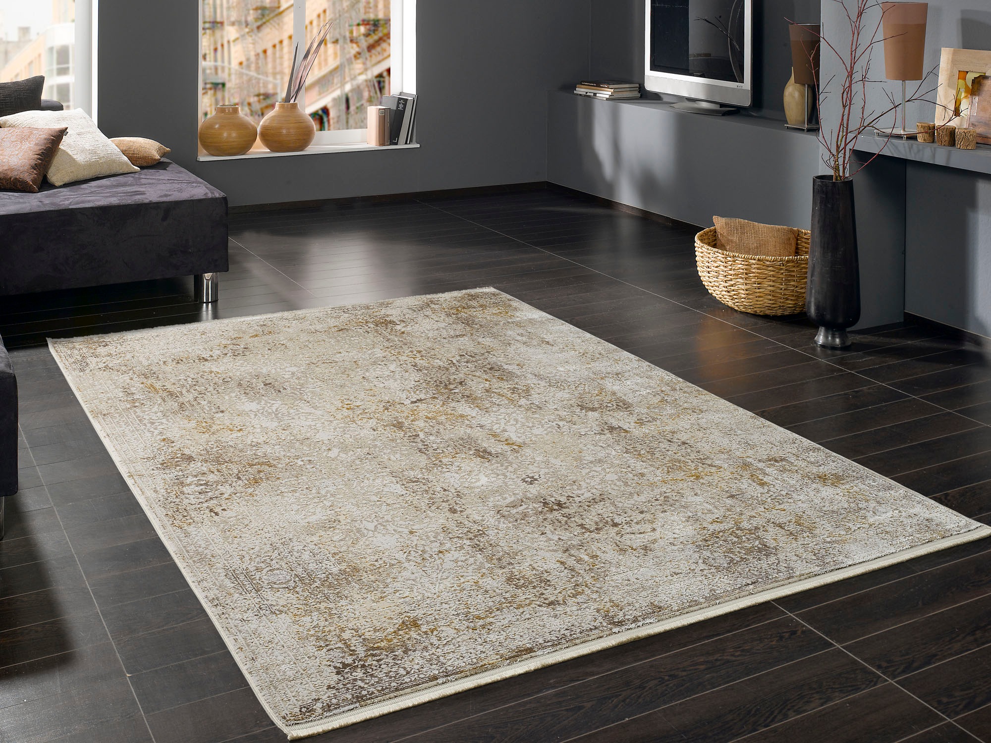 Teppich OCI DIE TEPPICHMARKE "BESTELLER CAVA", beige (beige, goldfarben), B:200cm H:8mm L:200cm, Viskose, Teppiche, Teppich, Glanz Viskose, mit Fransen, Hoch Tief Struktur, Vintage, Wohnzimmer
