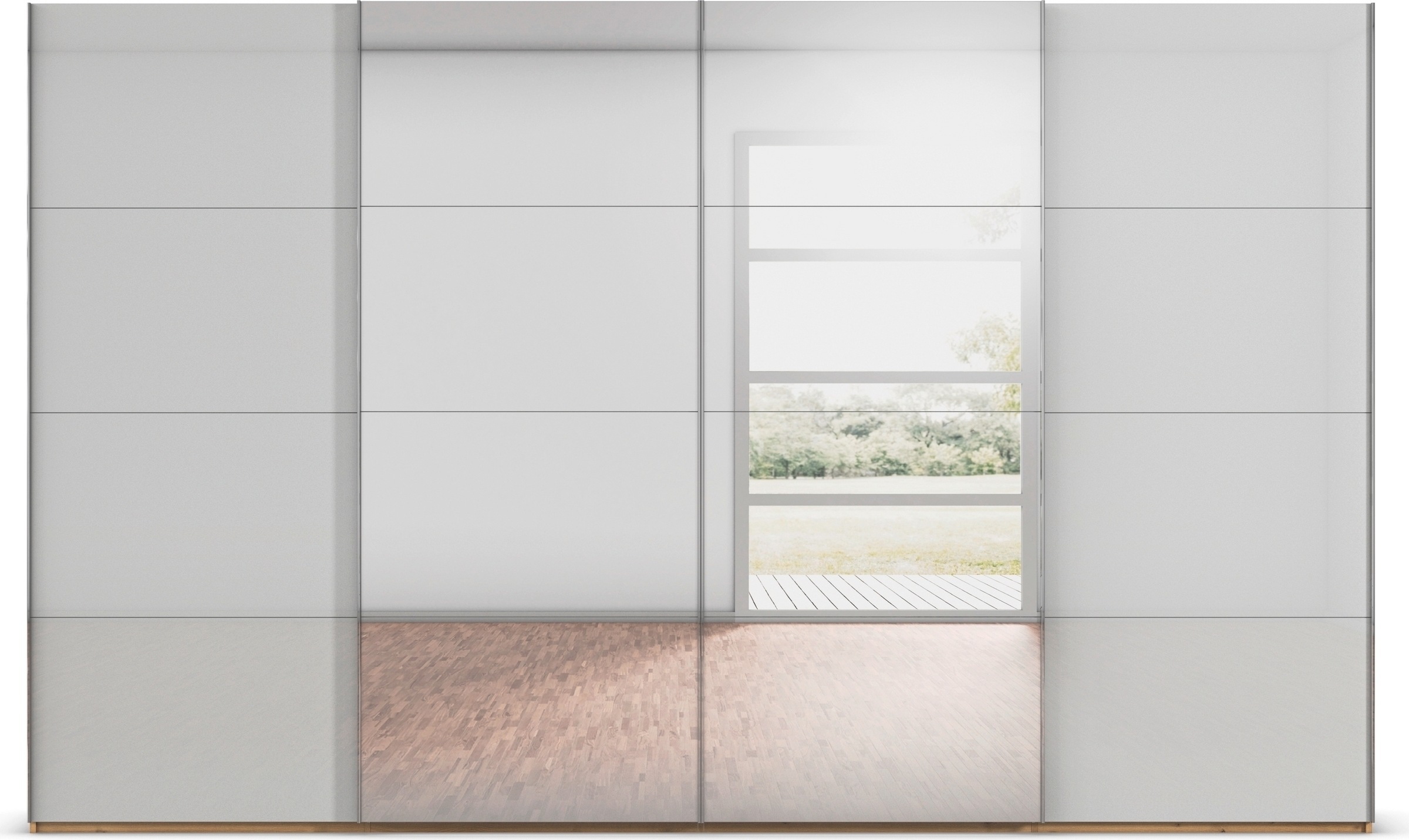 rauch Schwebetürenschrank »Kleiderschrank Schrank Garderobe Schlafzimmerschrank SCALE-FYRA«, edle viergeteilte Türen Spiegel/Glas-Mix viele Farben MADE IN GERMANY