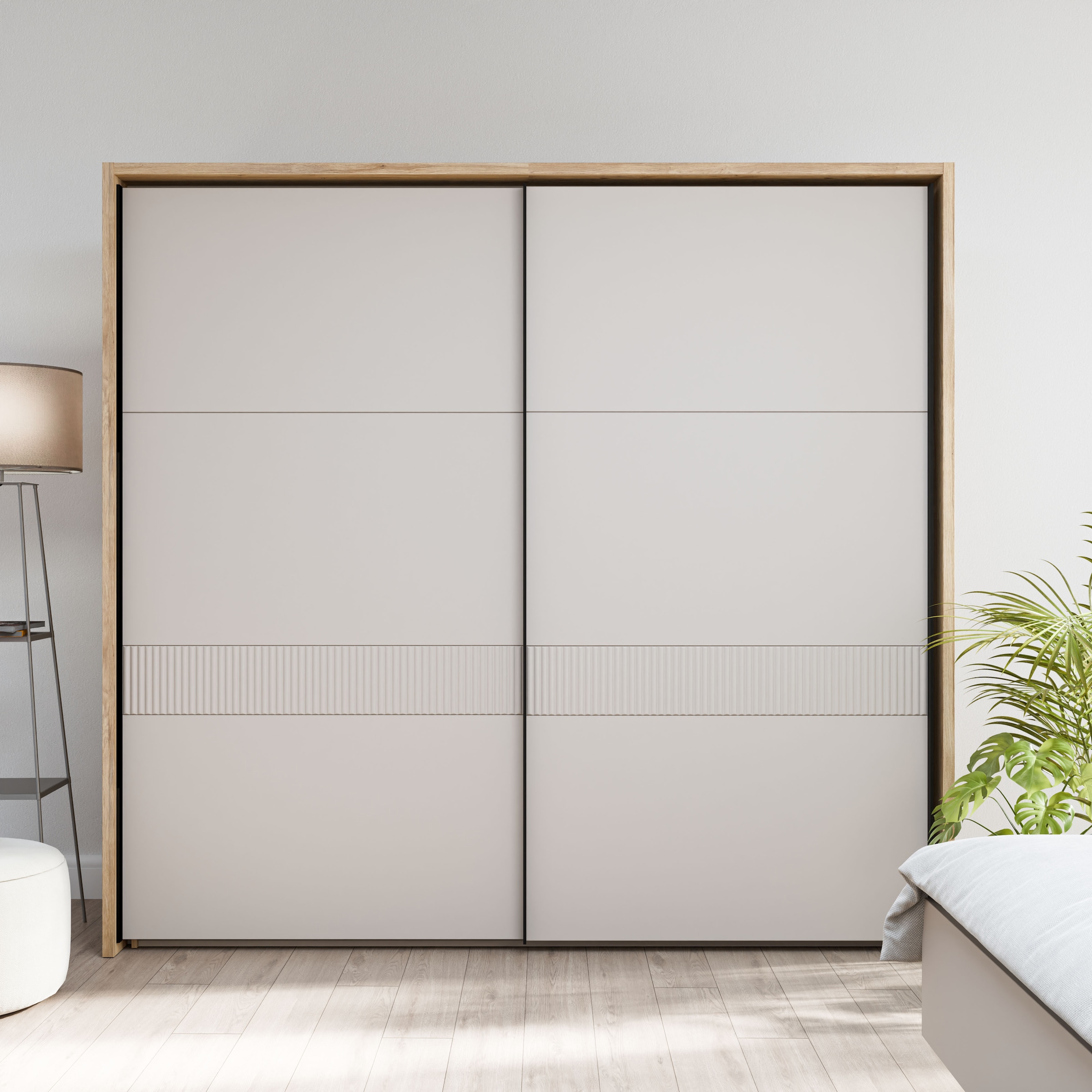 FORTE Schwebetürenschrank »Forte Seravel Schwebetürenschrank, Lamellenoptik, inkl. Beleuchtung« B/H/T 231,1/215,9/63,8 cm, Zubehör optional bestellbar
