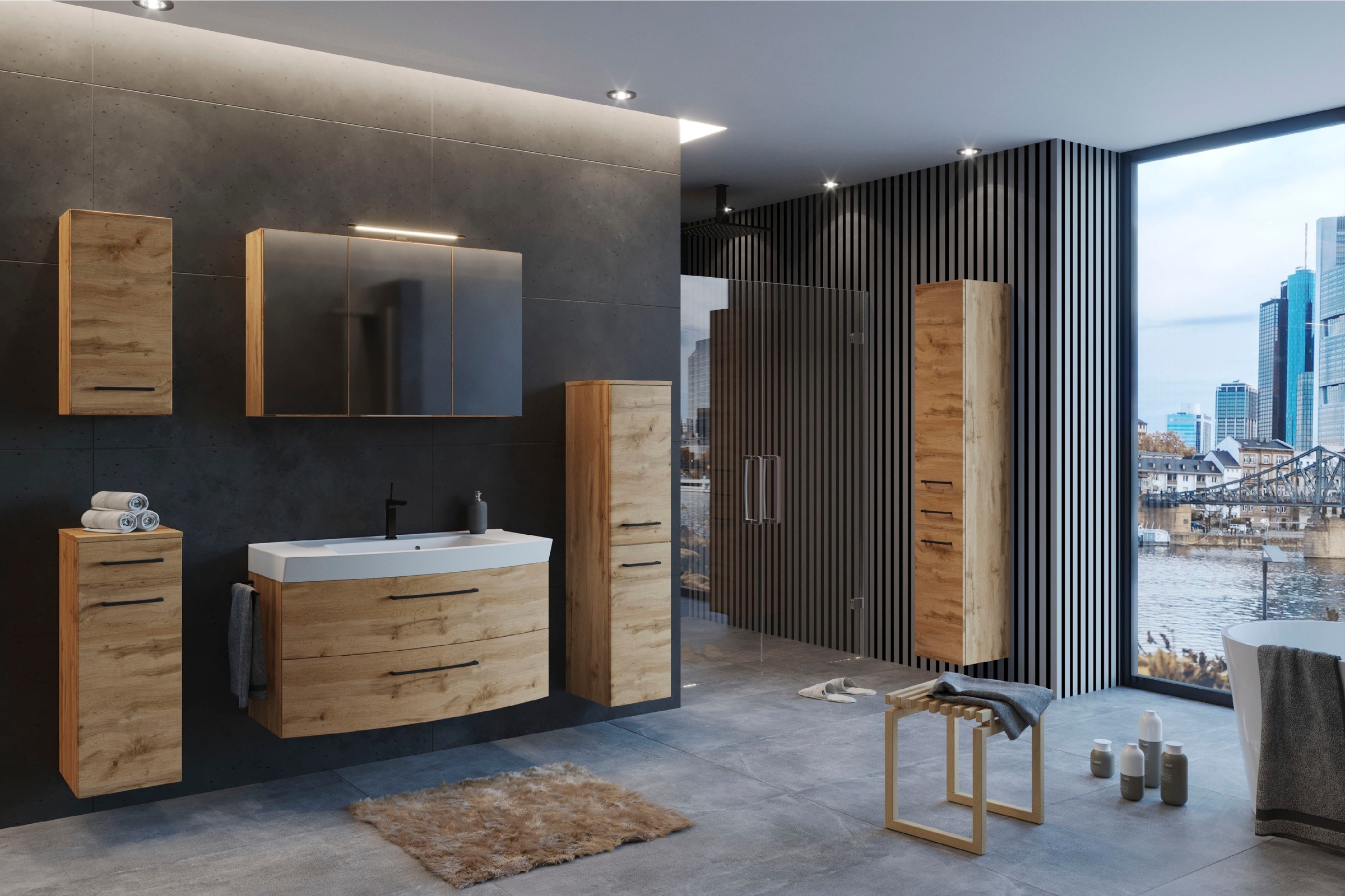 welltime Badmöbel-Set »Chicago«, (3 St., Spiegelschrank, Waschtisch, Midischrank), mit Mineralgussbecken
