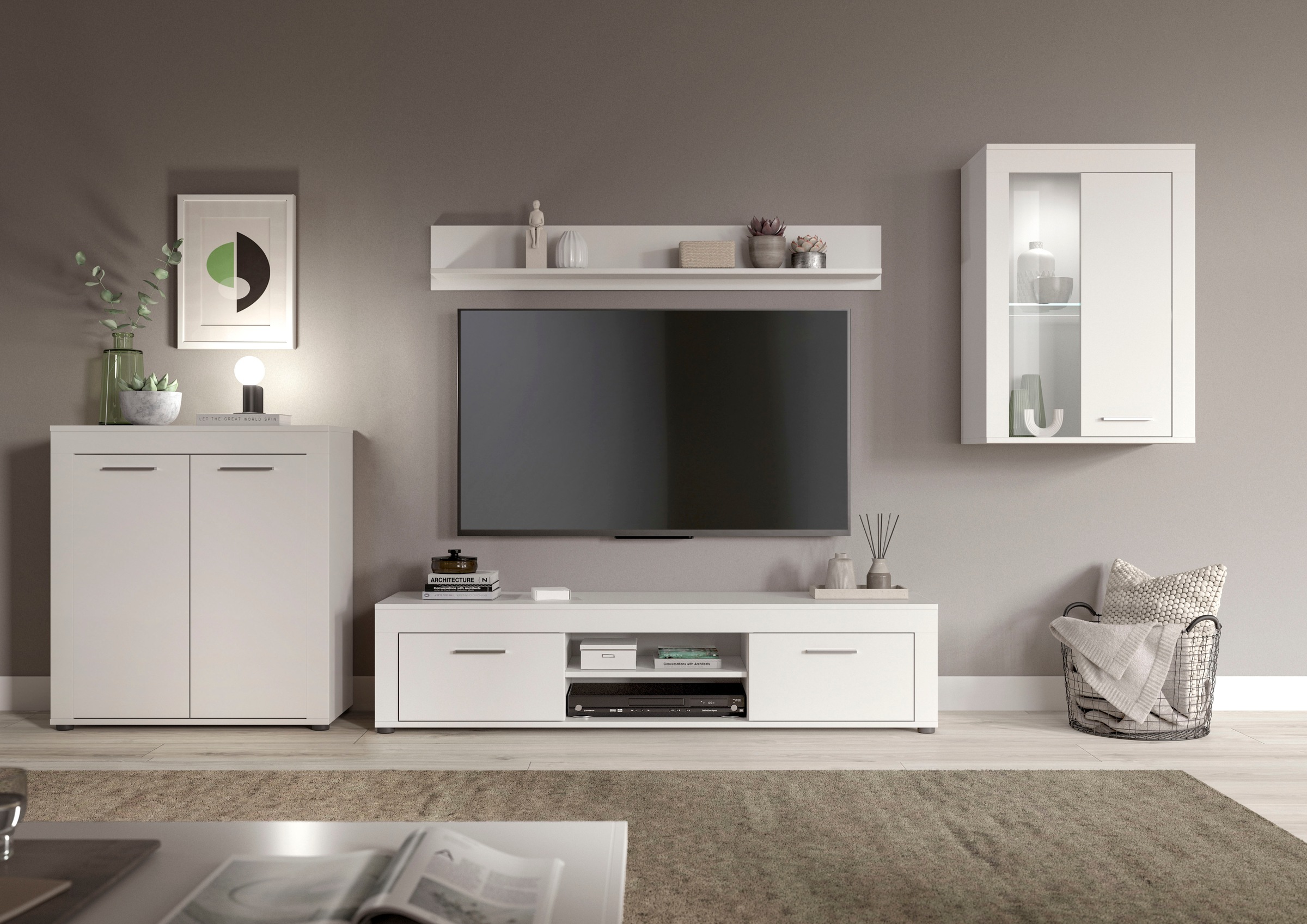 OTTO home Wohnwand "AOSTA, Breite 330cm, 4-teilige Wohn-Kombination" bestehend aus: Highboard, Lowboard, Wandboard & Vitrine, 4 Stk. tlg.