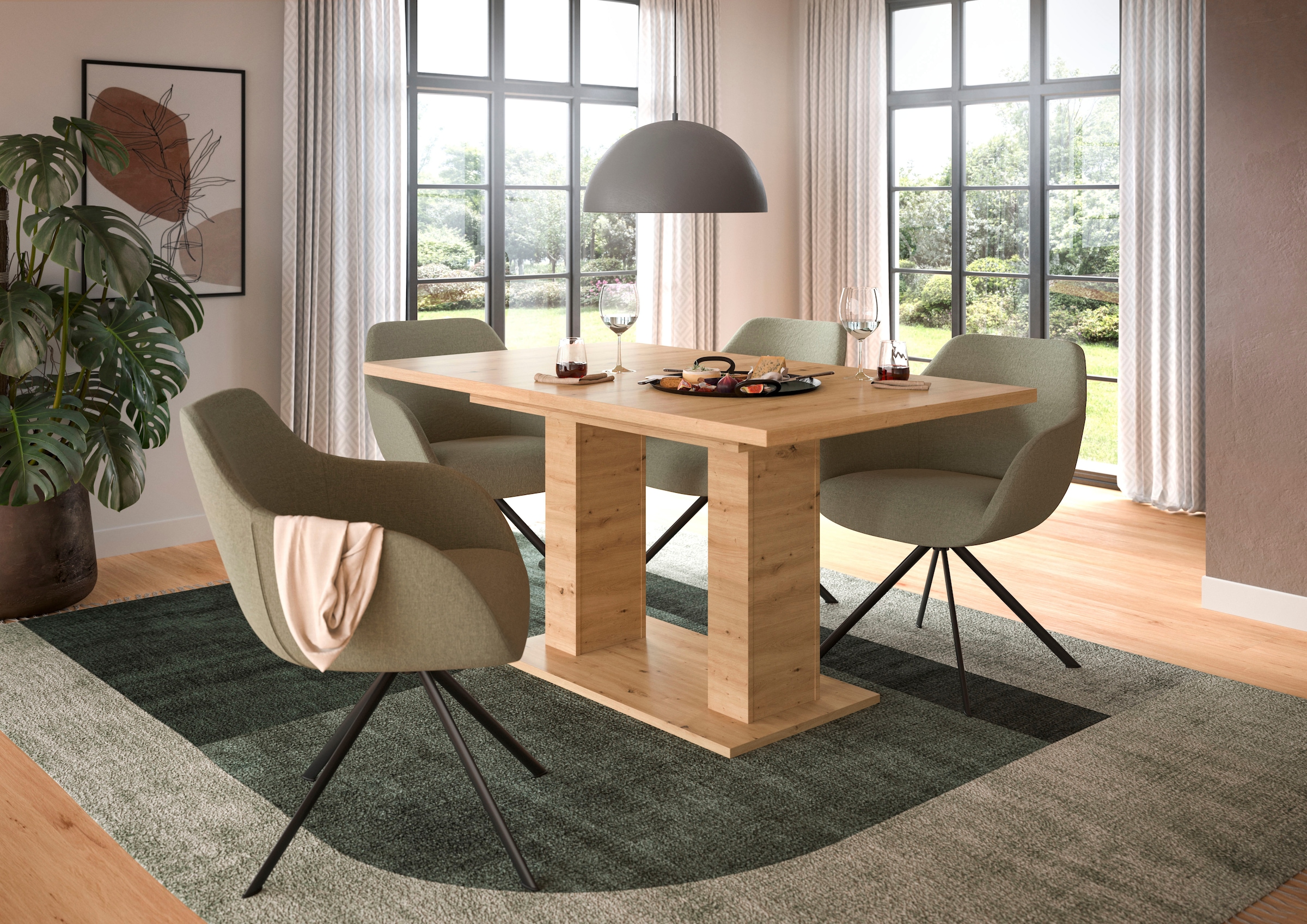 INOSIGN Esstisch »Motus, ausziehbar 150 -190 cm, inklusive 40 cm Einlegeplatte«, (Set, 1 St.), Doppelsäulengestell mit Bodenplatte, Tisch, Esstisch, Küche
