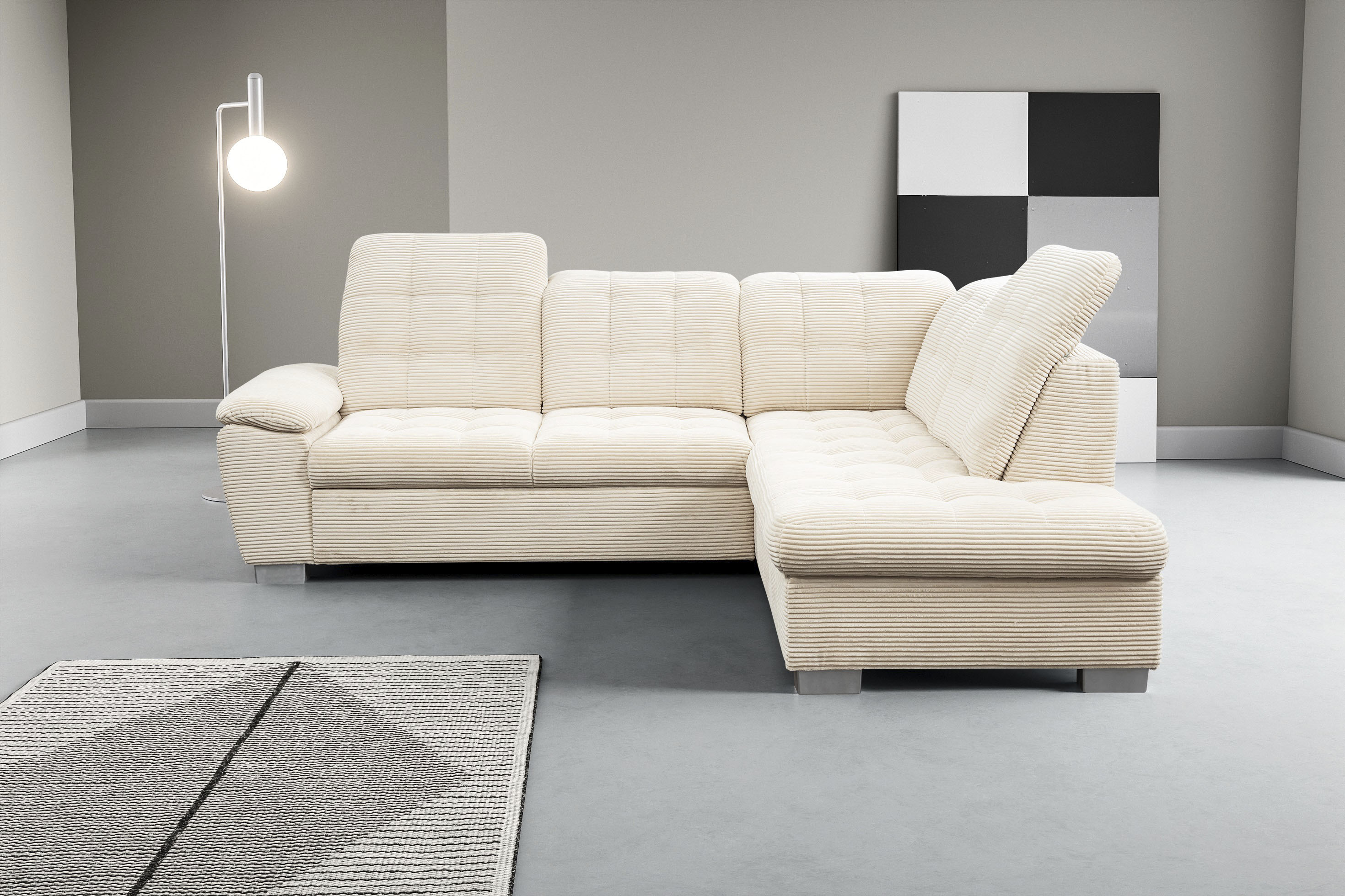 WERK2 Ecksofa "Bonny 265 x 215 cm inkl. Kopfteilverstellung modern und bequem" Cord, L-Form, Schlaffunktion, Bettkasten
