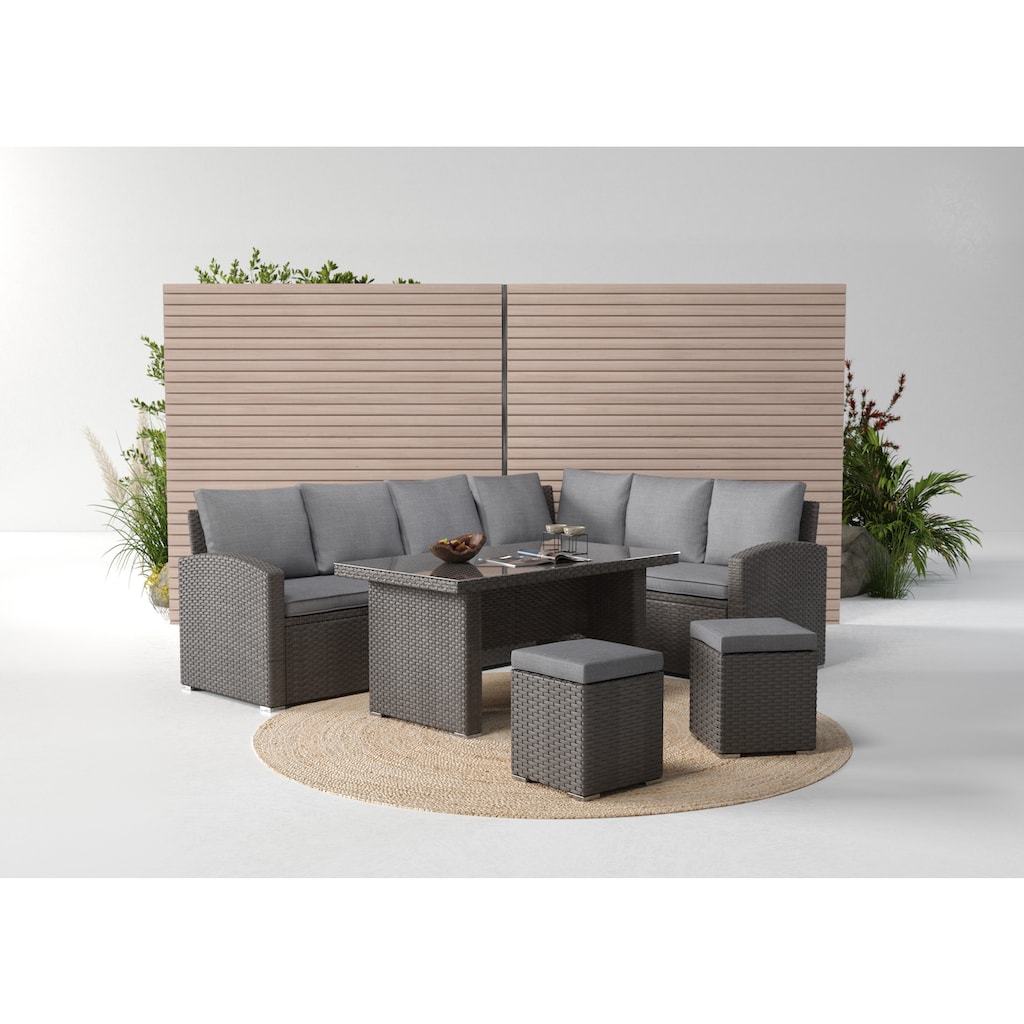 KONIFERA Gartenlounge-Set »London«, (Set, 17 tlg., 2x3er Sofa, 2x Hocker, 1x Tisch 140x80x66cm, inkl. Auflagen)