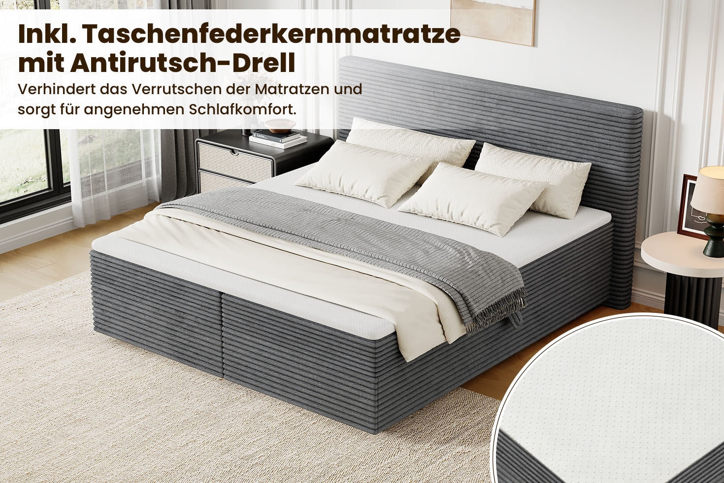 OTTO home Boxbett »ALVVIA, Polsterbett mit Bettkasten und Taschenfederkernmatratze (H3)« 180x200cm Liegefläche, Komfortschaumtopper (4cm)
