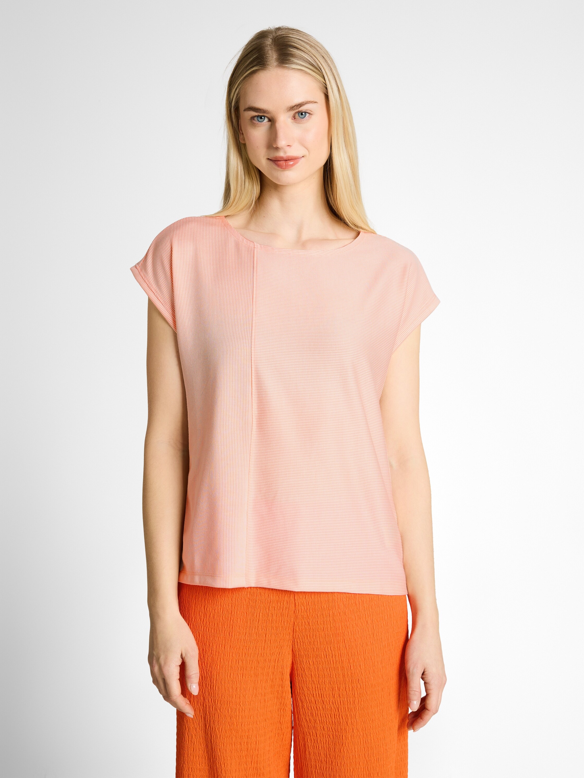 Rundhalsshirt TOM TAILOR DENIM, Damen, Gr. XL, small apricot weiß, Web, Obermaterial: 58% Viskose, 38% Polyester, 4% Elasthan, geringelt, gestreift, normal taillenlang, Rundhals, Shirts Rundhalsshirt, Ärmellos im Streifen-Look