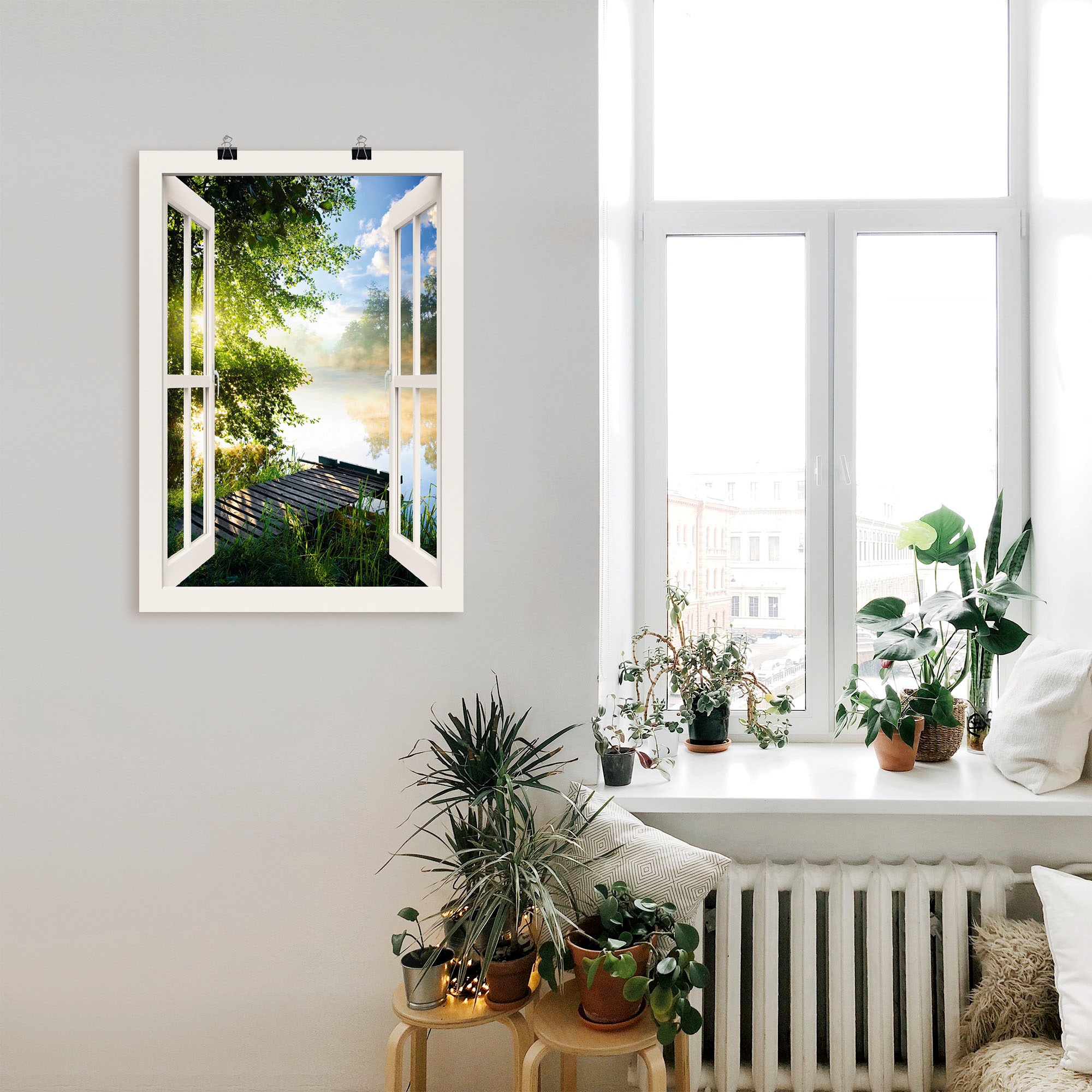 Thumbnail - Artland Wandbild "Fensterblick Angelsteg am Fluss" Fensterblick 1 Stk. tlg. als Alubild, Outdoorbild, Leinwandbild, Post...