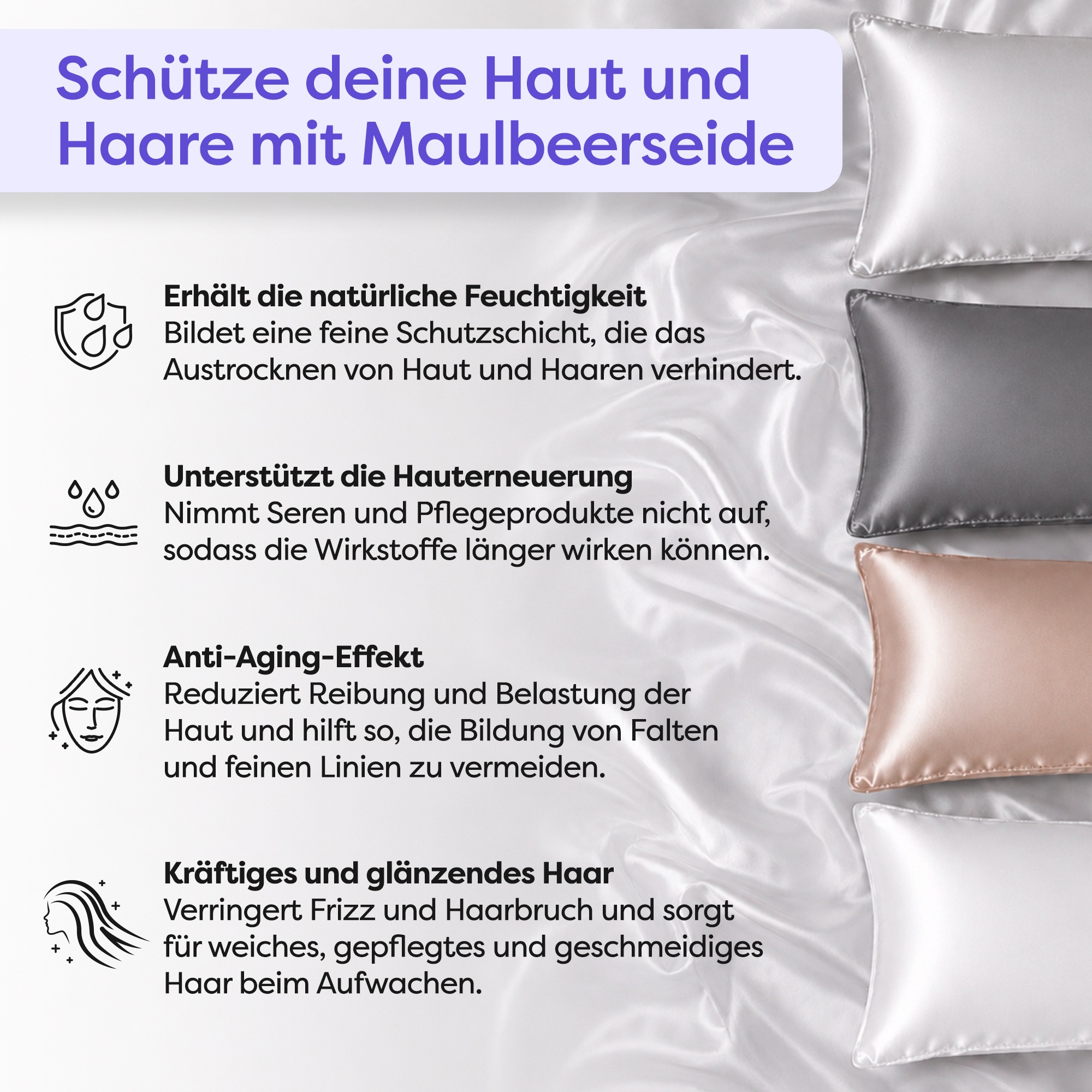 Wolkenfeld Kissenbezug »Seidenkissenbezug 100 % Maulbeerseide, 22 Momme, 6A, 40x80, OEKO-TEX« Sanft zu Haut und Haar, mit verdecktem Hotelverschluss & Geschenkbox